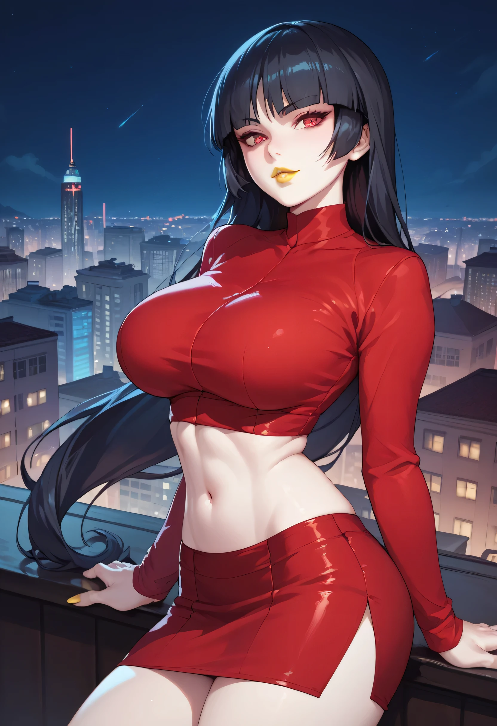 woman, big breasts, yellow lipstick, anime style, white skin, red eyes, black hair, red top, red skirt, exposed belly button, city, night, long hair, Sabrina