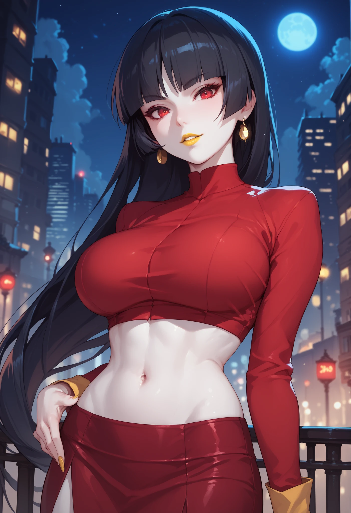 woman, big breasts, yellow lipstick, anime style, white skin, red eyes, black hair, red top, red skirt, exposed belly button, city, night, long hair, Sabrina