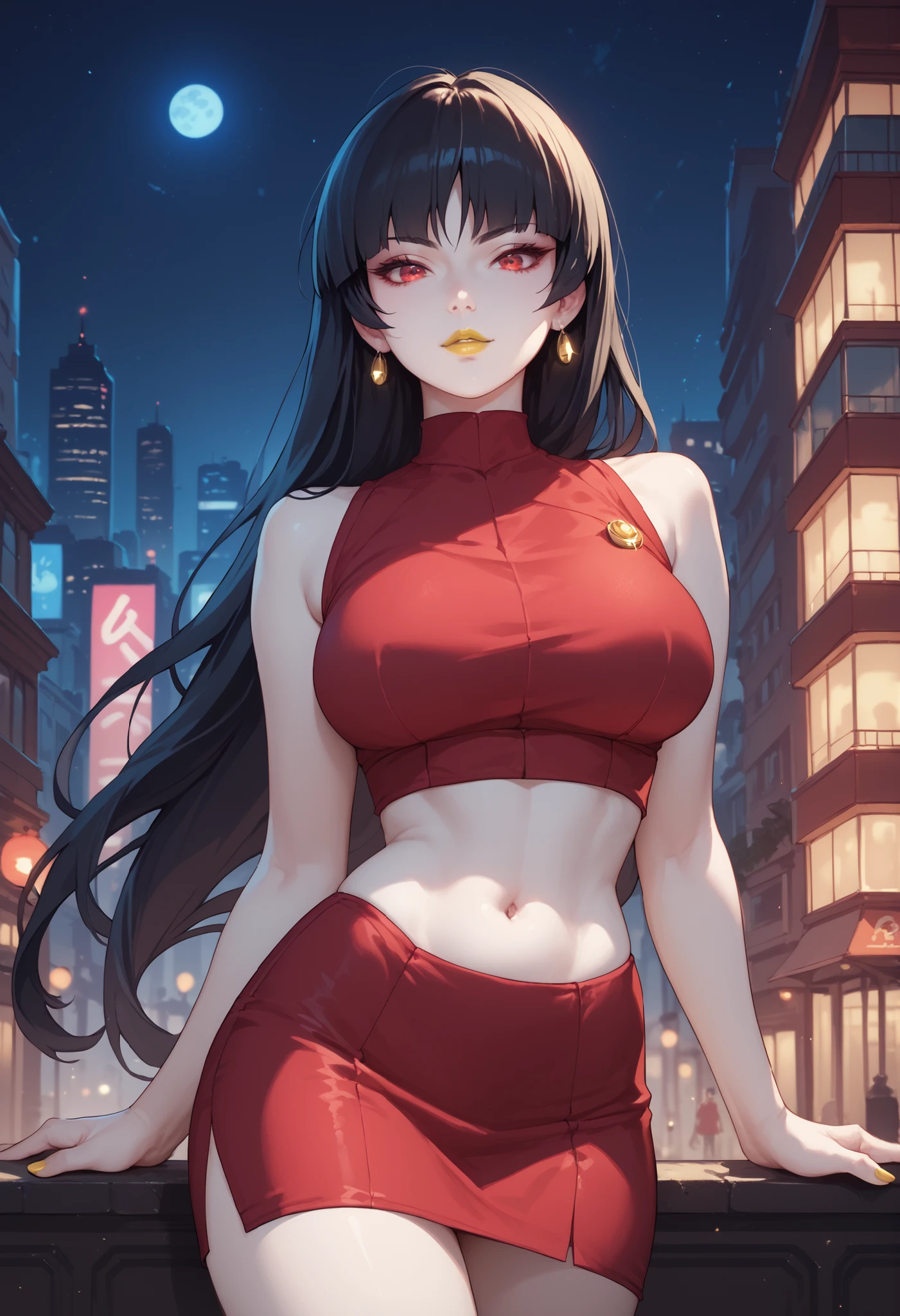 woman, big breasts, yellow lipstick, anime style, white skin, red eyes, black hair, red top, red skirt, exposed belly button, city, night, long hair, Sabrina