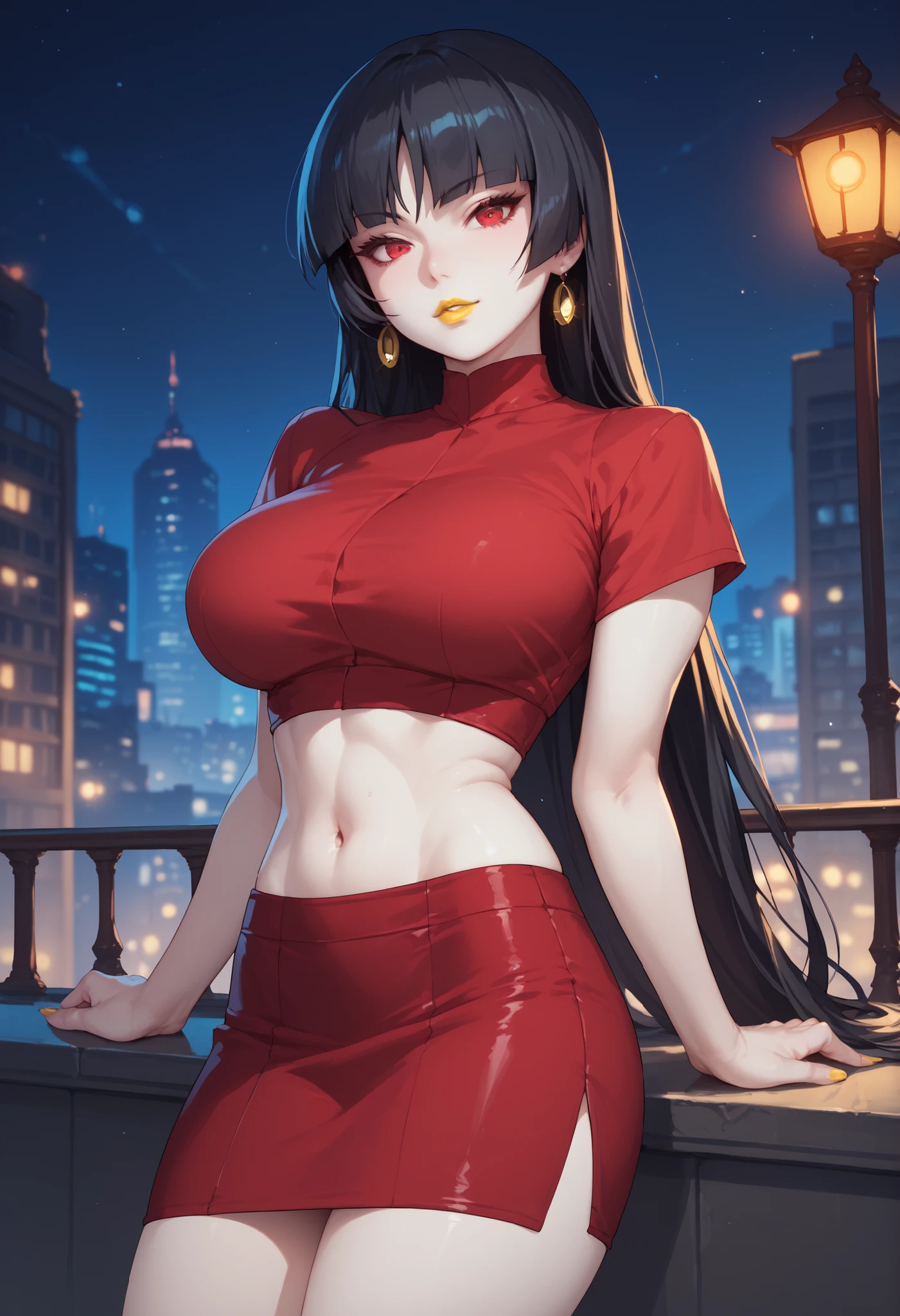 woman, big breasts, yellow lipstick, anime style, white skin, red eyes, black hair, red top, red skirt, exposed belly button, city, night, long hair, Sabrina
