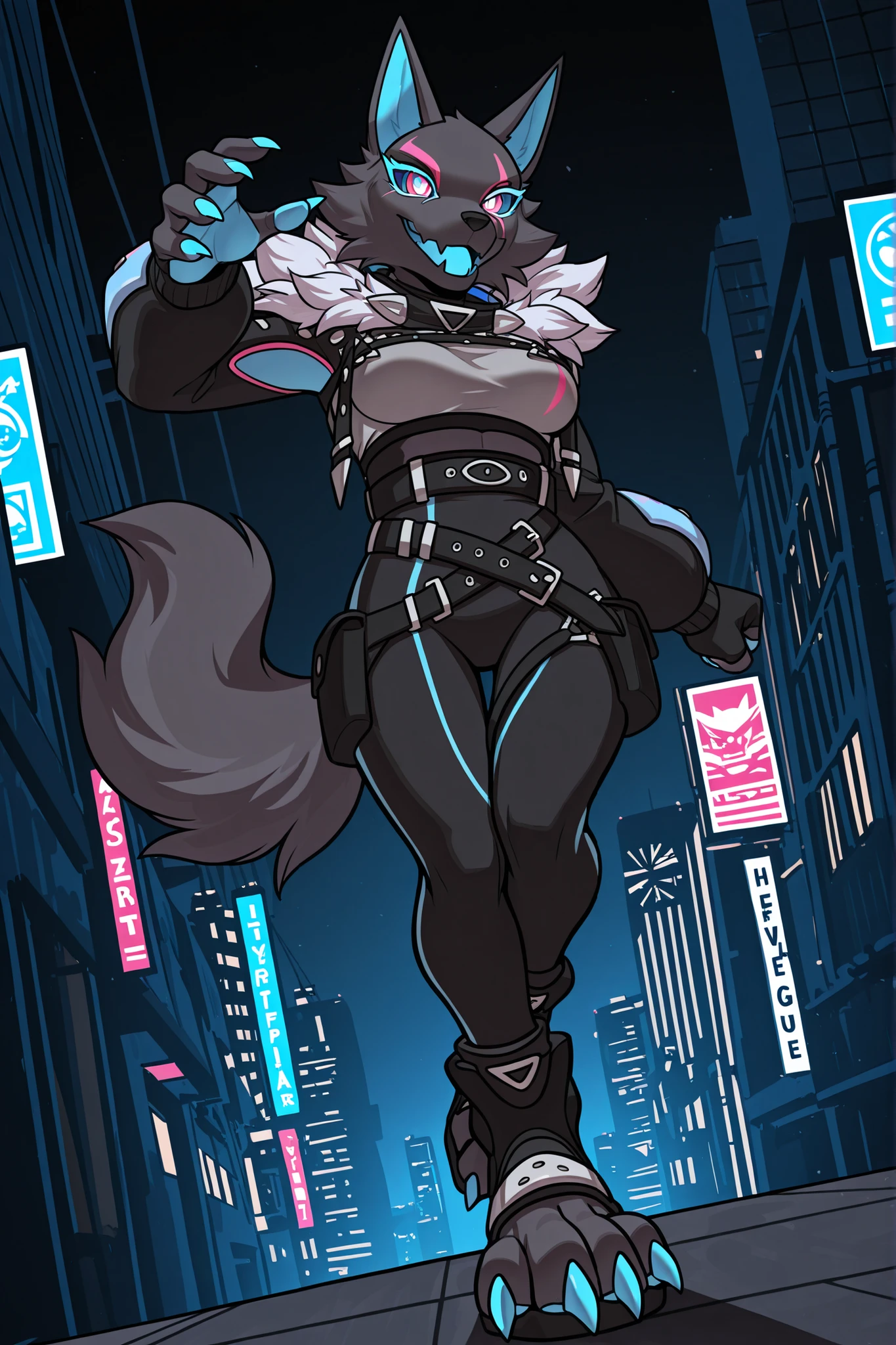 (solo), masterpiece, best quality, clean line art, highres, extremely detailed eyes, perfect eyes, detailed line art, intricate details, ultra-detailed, sharp focus, perfect, full body picture, centered, 1girl, highwire_pack_leader_illust, fur_trim_(clothing), clothing, black_fur, streetwear, techwear, clothed, belt, furry, anthro, (digitigrade legs), digitigrade feet, digitigrade boots, wolf tail, clawed boots, blue claws, boots with straps, (four claws on feet), , in a futuristic city, at night, dark background, (dynamic pose),
