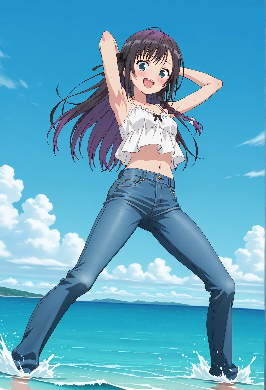 score_9, score_8_up, score_7_up, source_anime, highres, hi res, ((best quality, top quality, perfect quality, Highest Quality, amazing quality)), {{masterpiece}}, {{an extremely delicate and beautiful}}, 2d, intricate details, official style, anime, 8k, anime style, official_anime, official art, digital painting, cell shading, soft shading, high resolution, soothing tones, Subdued Color, Soft cinematic light, adobe lightroom, photolab, HDR, intricately and hyper-detailed, ((high quality animation)), 1 girl, Alone, solo, ((ocean)), tsunami, on the water, day, sunny, outdoors, sky, windy, alina clover (girumasu), long hair, multicolored hair, black hair, purple hair, swept bangs, black hair ribbon, single braid, blue eyes, (green eyes:0.8), anime screencap, small , white camisole top, crop top, white crop top, best quality, hyper-detailed jeans, ((blue jeans:1.9)), (dark blue jeans:0.6), full medium body, medium shot, Open mouth, smiling, happy face, blush, sweat, standing, ((arms behind head:6.0)), bowlegged, jumping pose, action, looking at viewer, , Bend knees slightly, straight-on front view
