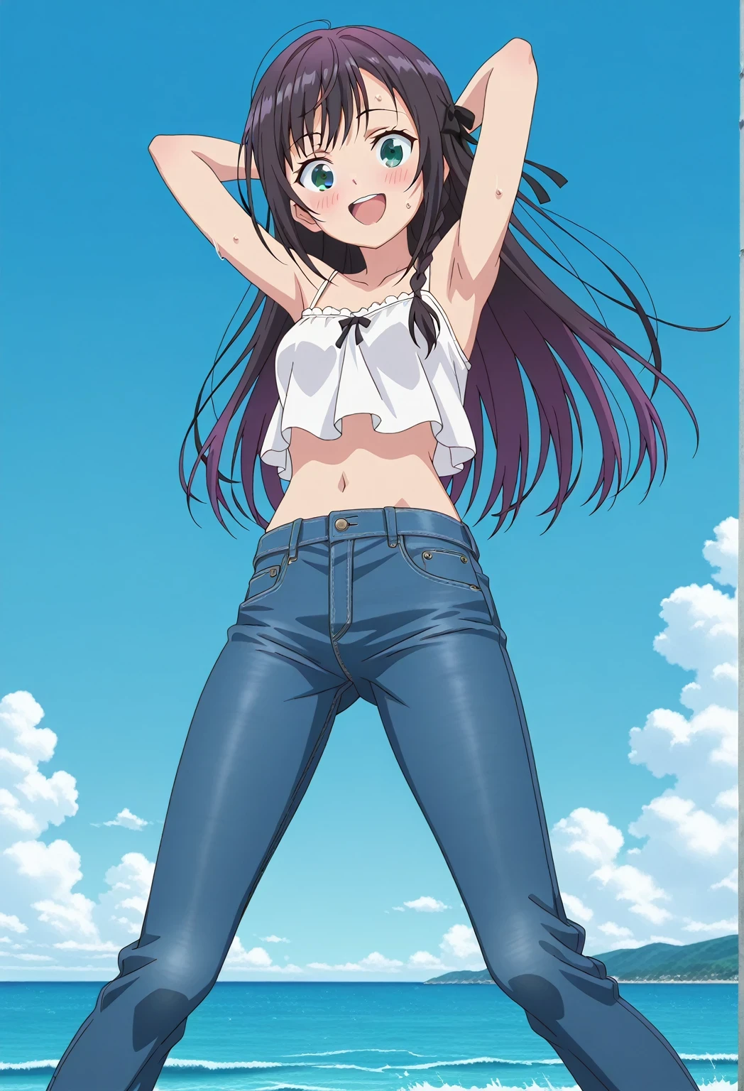 score_9, score_8_up, score_7_up, source_anime, highres, hi res, ((best quality, top quality, perfect quality, Highest Quality, amazing quality)), {{masterpiece}}, {{an extremely delicate and beautiful}}, 2d, intricate details, official style, anime, 8k, anime style, official_anime, official art, digital painting, cell shading, soft shading, high resolution, soothing tones, Subdued Color, Soft cinematic light, adobe lightroom, photolab, HDR, intricately and hyper-detailed, ((high quality animation)), 1 girl, Alone, solo, ((ocean)), tsunami, on the water, day, sunny, outdoors, sky, windy, alina clover (girumasu), long hair, multicolored hair, black hair, purple hair, swept bangs, black hair ribbon, single braid, blue eyes, (green eyes:0.8), anime screencap, small , white camisole top, crop top, white crop top, best quality, hyper-detailed jeans, ((blue jeans:1.9)), (dark blue jeans:0.6), full medium body, medium shot, Open mouth, smiling, happy face, blush, sweat, standing, ((arms behind head:6.0)), bowlegged, jumping pose, action, looking at viewer, , Bend knees slightly, straight-on front view