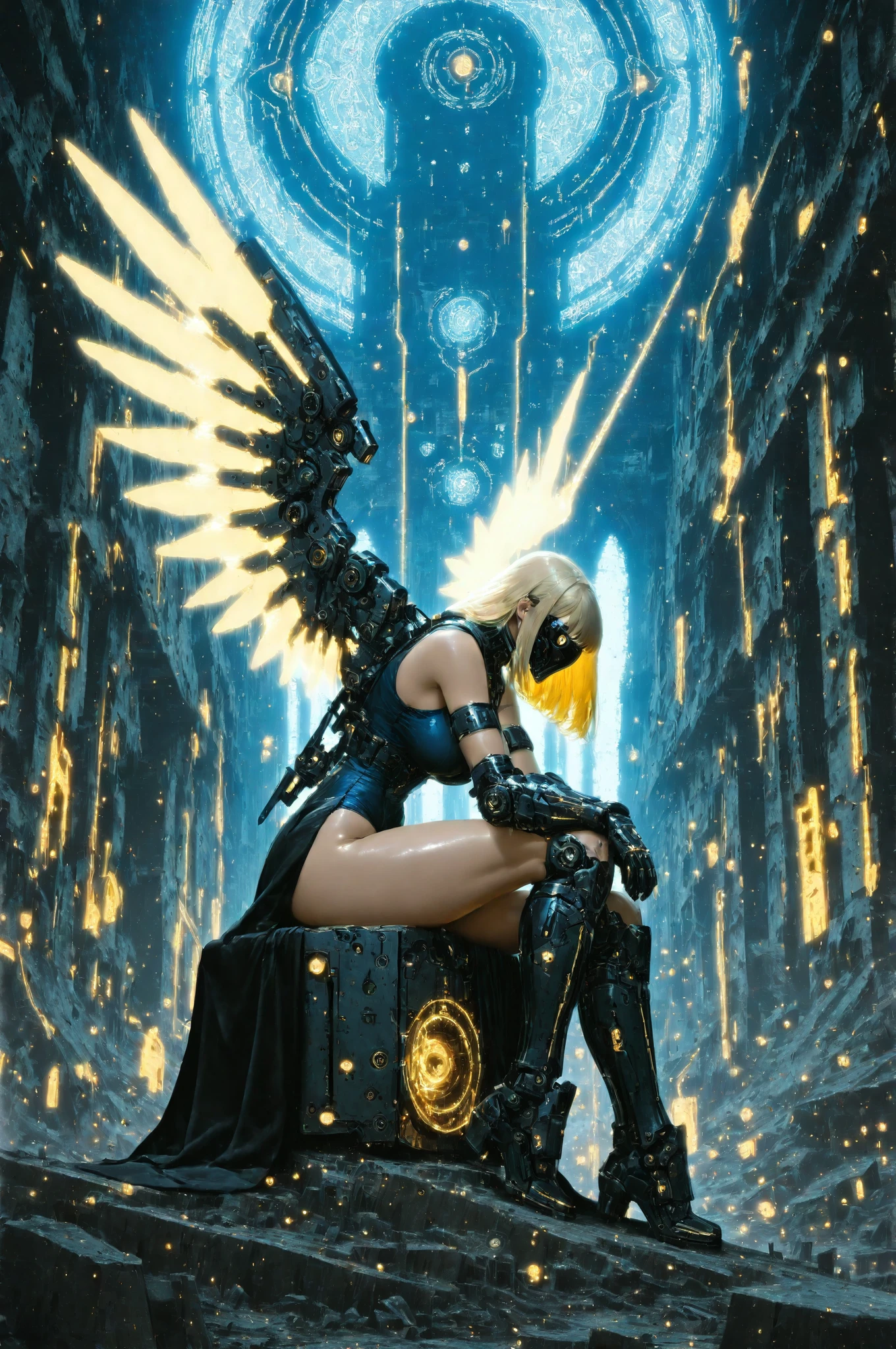 1Girl angel(top quality masterpiece best detailed depiction)Angel Circle incorporates a heart pattern、angel wearing a Christian robe sitting cross-legged on the ruins of a futuristic superlarge building、from obliquely below、(Top Quality Shiny Fabric Realistic Stitching)Place々wearing a Christian jet black robe sitting cross-legged on the ruins of a futuristic super-large building、futuristic mechanical gauntlet、futuristic mechanical over the knee boots、Vernier device on the sole、futuristic mechanical small nuclear reactor thruster on back、(Highest quality and detailed depiction)、and the big butt、Puriketsu 、Thick Thighs、Quite far apart、hanging eyes、Extraordinarily long lashes、Light blond two-sided up with color gradation、Glowing pale, gradation, turquoise blue, purple shining strongly in the center of the eyes、Hold a fantastic, mechanical little scythe in front of your body、large wings of light with color gradation、