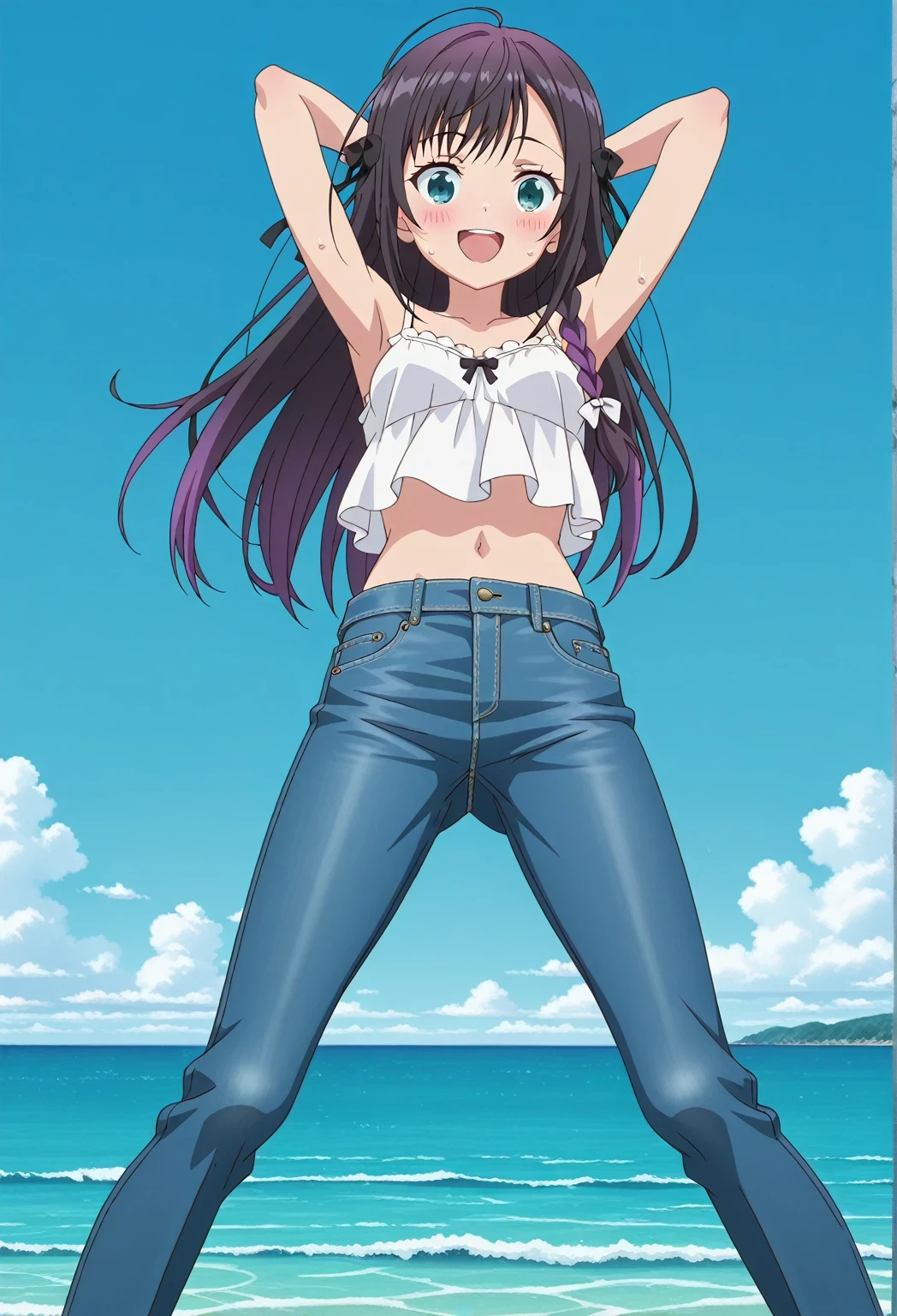 score_9, score_8_up, score_7_up, source_anime, highres, hi res, ((best quality, top quality, perfect quality, Highest Quality, amazing quality)), {{masterpiece}}, {{an extremely delicate and beautiful}}, 2d, intricate details, official style, anime, 8k, anime style, official_anime, official art, digital painting, cell shading, soft shading, high resolution, soothing tones, Subdued Color, Soft cinematic light, adobe lightroom, photolab, HDR, intricately and hyper-detailed, ((high quality animation)), 1 girl, Alone, solo, ((ocean)), tsunami, on the water, day, sunny, outdoors, sky, windy, alina clover (girumasu), long hair, multicolored hair, black hair, purple hair, swept bangs, black hair ribbon, single braid, blue eyes, (green eyes:0.8), anime screencap, small , white camisole top, crop top, white crop top, best quality, hyper-detailed jeans, ((blue jeans:1.9)), (dark blue jeans:0.6), full medium body, medium shot, Open mouth, smiling, happy face, blush, sweat, standing, ((arms behind head:6.0)), bowlegged, jumping pose, action, looking at viewer, , Bend knees slightly, straight-on front view