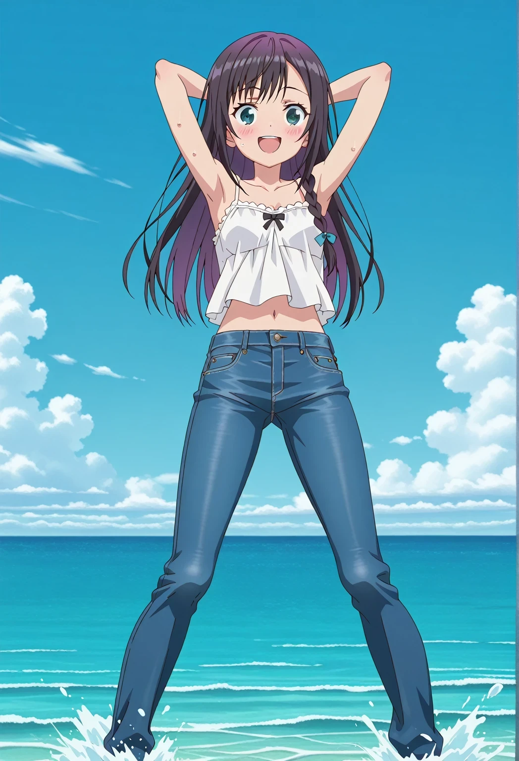 score_9, score_8_up, score_7_up, source_anime, highres, hi res, ((best quality, top quality, perfect quality, Highest Quality, amazing quality)), {{masterpiece}}, {{an extremely delicate and beautiful}}, 2d, intricate details, official style, anime, 8k, anime style, official_anime, official art, digital painting, cell shading, soft shading, high resolution, soothing tones, Subdued Color, Soft cinematic light, adobe lightroom, photolab, HDR, intricately and hyper-detailed, ((high quality animation)), 1 girl, Alone, solo, ((ocean)), tsunami, on the water, day, sunny, outdoors, sky, windy, alina clover (girumasu), long hair, multicolored hair, black hair, purple hair, swept bangs, black hair ribbon, single braid, blue eyes, (green eyes:0.8), anime screencap, small , white camisole top, crop top, white crop top, best quality, hyper-detailed jeans, ((blue jeans:1.9)), (dark blue jeans:0.6), full medium body, medium shot, Open mouth, smiling, happy face, blush, sweat, standing, ((arms behind head:6.0)), bowlegged, jumping pose, action, looking at viewer, , Bend knees slightly, straight-on front view