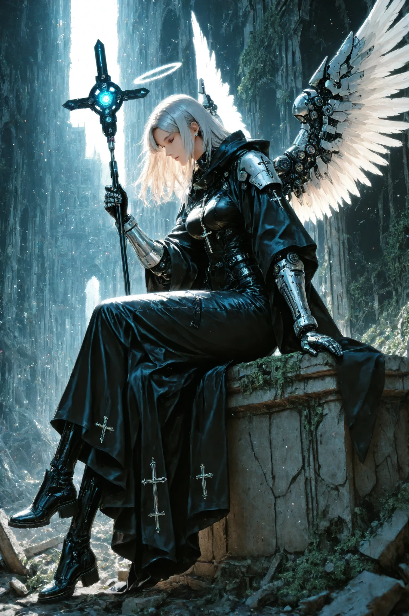 1Girl angel(top quality masterpiece best detailed depiction)Mechanical Angel Ring、angel wearing a Christian robe sitting cross-legged on the ruins of a futuristic superlarge building、from obliquely below、(top quality glossy fabric realistic sutures々Cross pattern)Wearing a Western-style black robe、futuristic mechanical gauntlet、futuristic mechanical over the knee boots、Vernier device on the sole、futuristic mechanical ultra-compact reactor thruster on its back、(Highest quality and detailed depiction)、holding a fantastic mechanical sickle、large white wings with gradation of light、