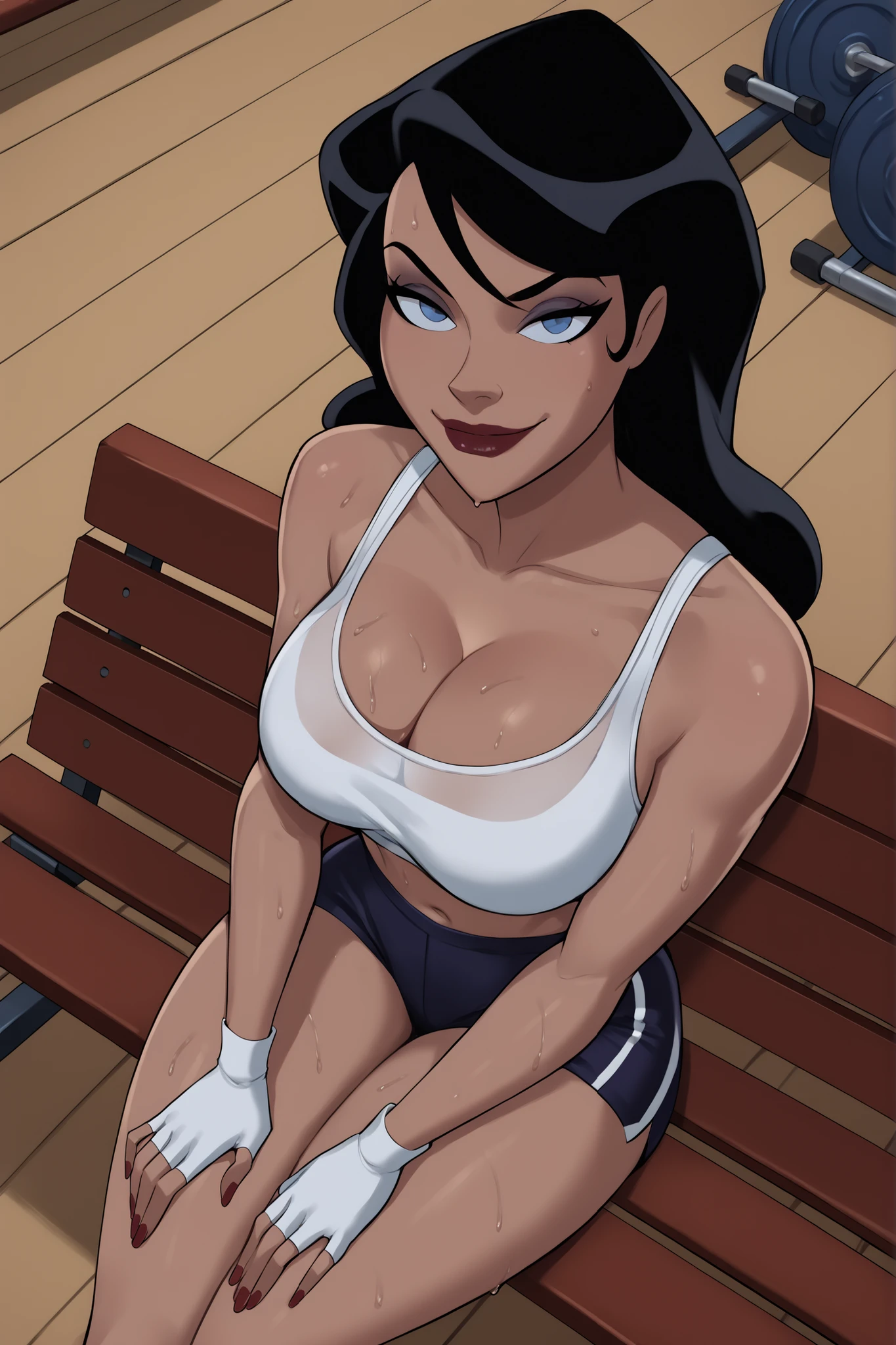 PonyXLV6_Scores BREAK ((parody) perfect , perfect eyes, cowboy shot), BREAK zatanna zatara, long hair, black hair, dark-skinned female, blue eyes, scarlet red lipstick, ((looking at viewer)), seducing viewer, teasing viewer, busty, white sports bra, black gym shorts, white fingerless gloves, , cleavage, curvy, athletic, indoors, smiling, closed mouth, expression, bedroom eyes, gym, sitting on bench, high-angle view, dark purple eyeshadow, sweaty, sweat drops