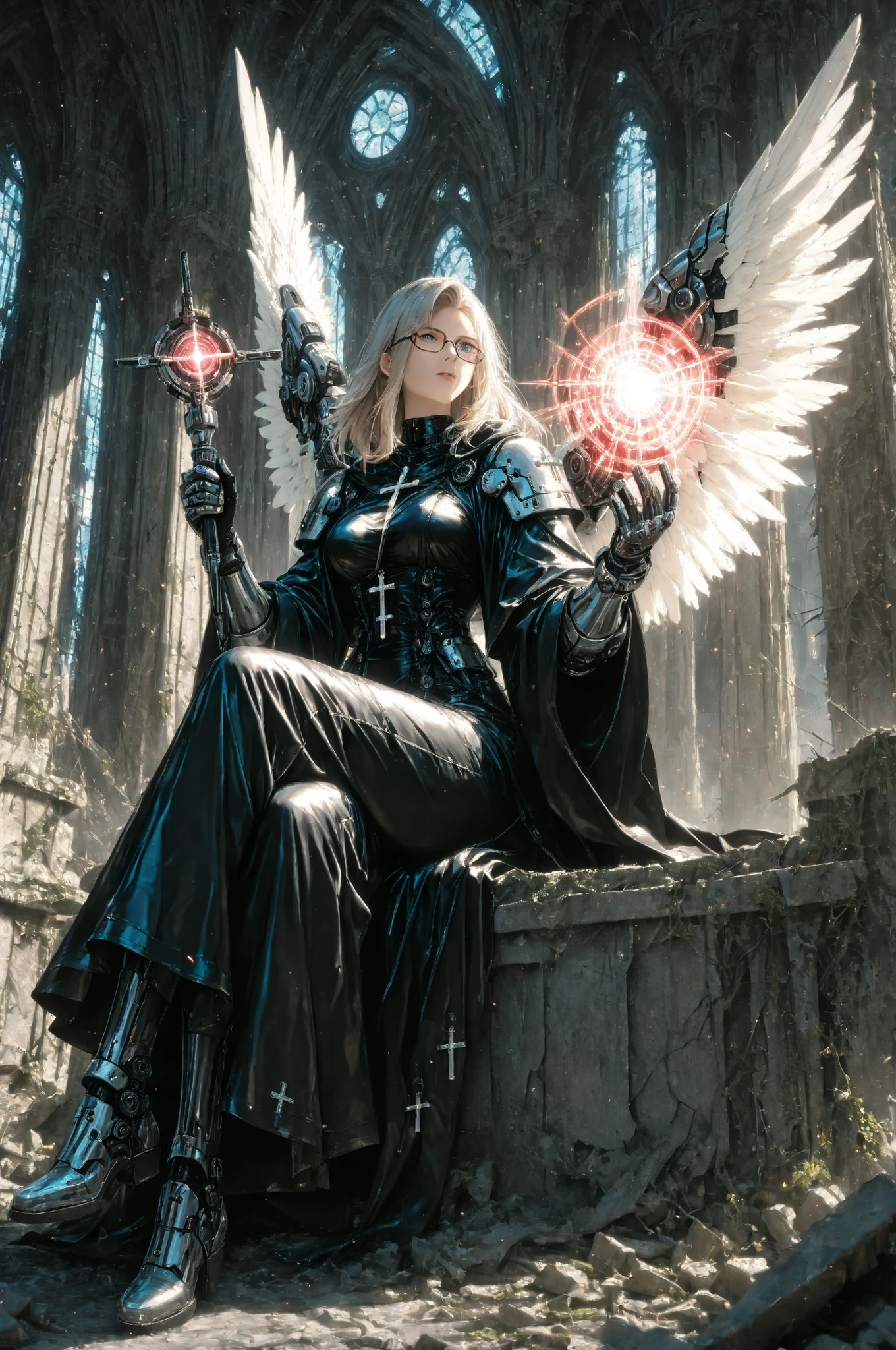 1Girl angel(top quality masterpiece best detailed depiction)Mechanical Angel Ring、angel wearing a Christian robe sitting cross-legged on the ruins of a futuristic superlarge building、from obliquely below、(top quality glossy fabric realistic sutures々Cross pattern)Wearing a Western-style black robe、futuristic mechanical gauntlet、futuristic mechanical over the knee boots、Vernier device on the sole、futuristic mechanical ultra-compact reactor thruster on its back、(Highest quality and detailed depiction)、holding a magic wand with a fantastic mechanical cross、with gradation of light folding large white wings、Glasses with straps