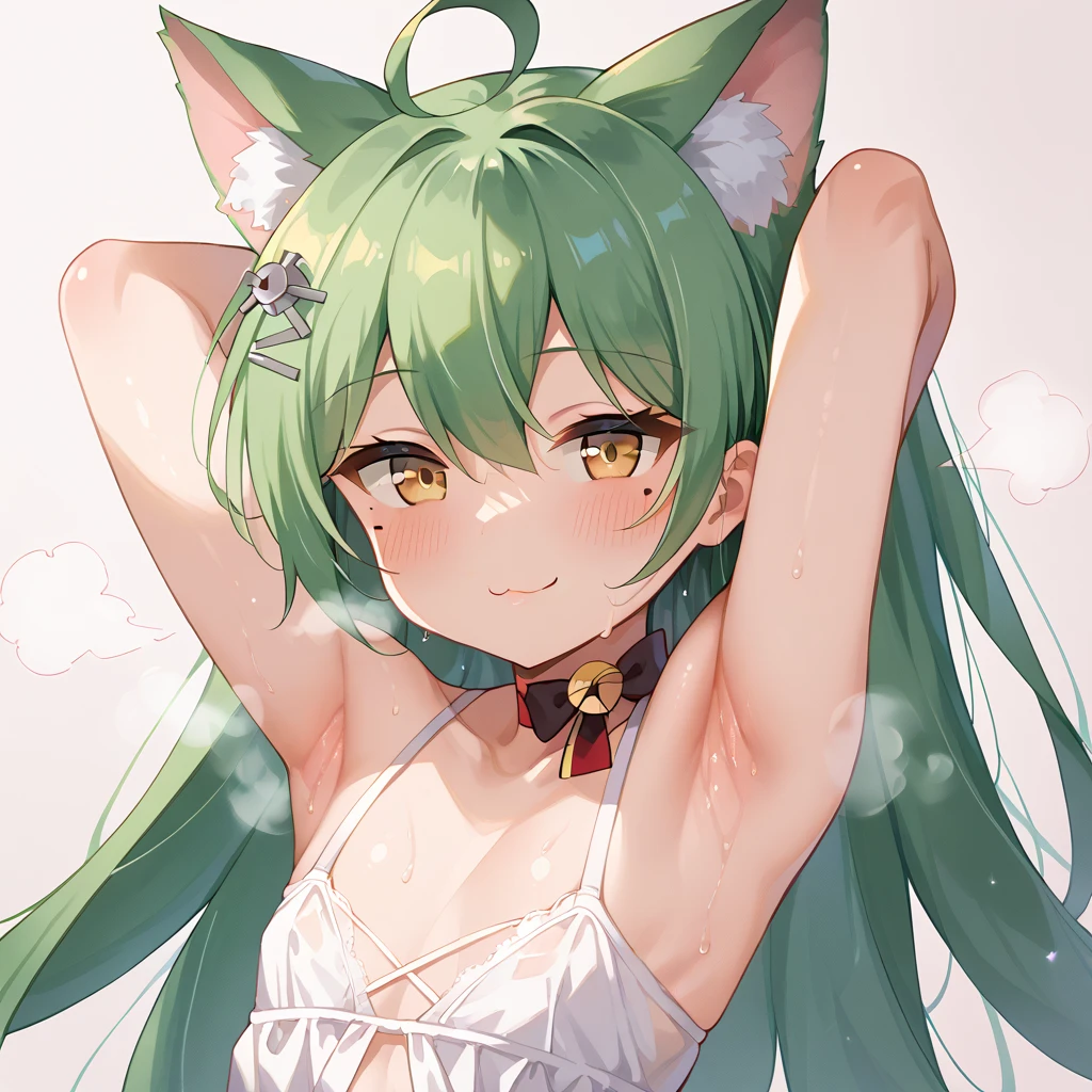 flat2D Anime Illustration。Emerald Punk Background。Ultra high definition。Enraged, he turns his face away。Lying on the floor。Off-the-shoulder clothing。Navel clothes。Beauty。Long white hair and fox ears。Big 。Many earrings。Many necklaces。Many brooches。Many hair accessories。
