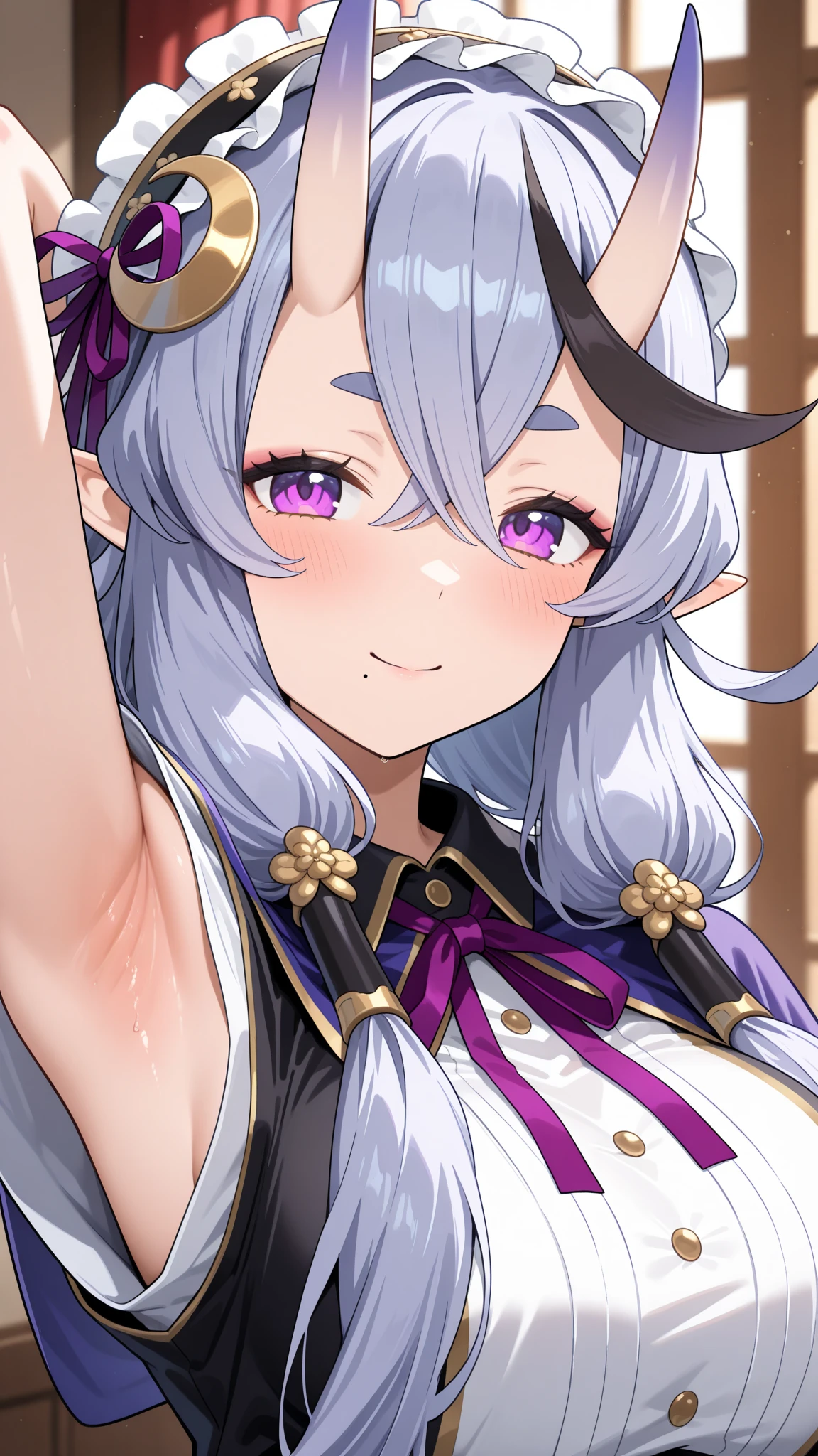 ((masterpiece,best quality)),high resolution,ultra detailed, detailed background,8k,16k,perfect lighting,detailed beautiful eyes,1girl,solo,,embarrassed,blush,look at viewer,steam,sweat,fisheye lens,confused,watery eye,(arms up,show off armpits,upper body:1.3),wavy mouth,confused,open mouth,,,light purple hair, eyes,short stature,long hair,horn,flat chest,kawaii,wooden house,anime style,(shiratsuyu),