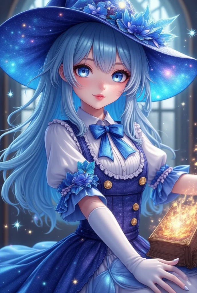 masterpiece, best quality, extremely detailed, (illustration, official art:1.1), 1 girl ,(((( light blue long hair)))), ,(((( light blue long hair)))),light blue hair,, long hair ((blush)) , cute face, big eyes, masterpiece, best quality,(((((a very delicate and beautiful girl))))),Amazing,beautiful detailed eyes,blunt bangs((((little delicate girl)))),tareme(true beautiful:1.2), sense of depth,dynamic angle,,,, affectionate smile, (true beautiful:1.2),,(tiny 1girl model:1.2),)(flat chest),1girl, solo, wizard hat, robe, floating Star, magic, spelling, magic circle, light particles, dark room, fantasy, Bokeh, depth of field, soft lighting, masterpiece, best quality