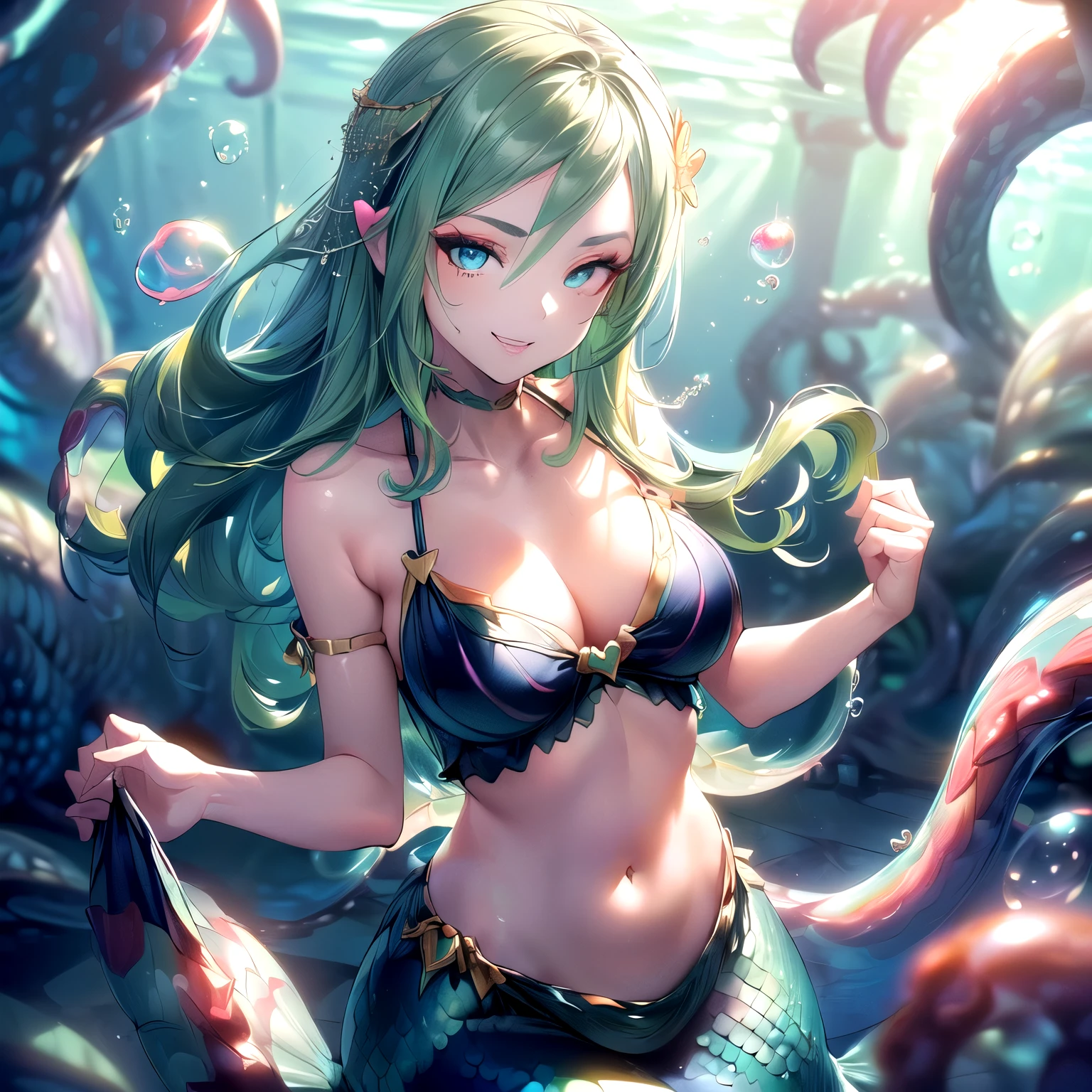 (Mermaid dancer, dancing. Green hair, blue eyes. Sexy smile. Halter neck. Heart-shaped bubble. Surrounded by 100 tentacles. Unreal Engine, rim light, beautifully detailed face with big eyes and modest breasts and slim waist, glossy texture: 1.5) (masterpiece, anatomically accurate, high quality, top quality, high resolution, 16K)