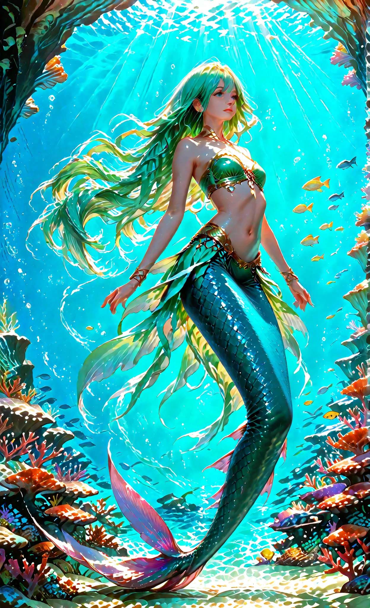 mermaid dancer, detailed mermaid creature, elegant pose, flowing hair, scales, graceful movements, underwater scene, coral reef, schools of tropical fish, sunlight streaming through water, fantasy, highly detailed, cinematic, dramatic lighting, concept art, digital painting, 4K, ultra-detailed,realistic,photo-realistic,HDR,physically-based rendering,vibrant colors,ethereal
