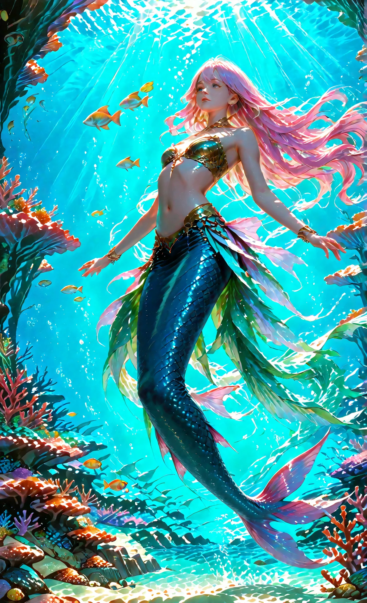 mermaid dancer, detailed mermaid creature, elegant pose, flowing hair, scales, graceful movements, underwater scene, coral reef, schools of tropical fish, sunlight streaming through water, fantasy, highly detailed, cinematic, dramatic lighting, concept art, digital painting, 4K, ultra-detailed,realistic,photo-realistic,HDR,physically-based rendering,vibrant colors,ethereal