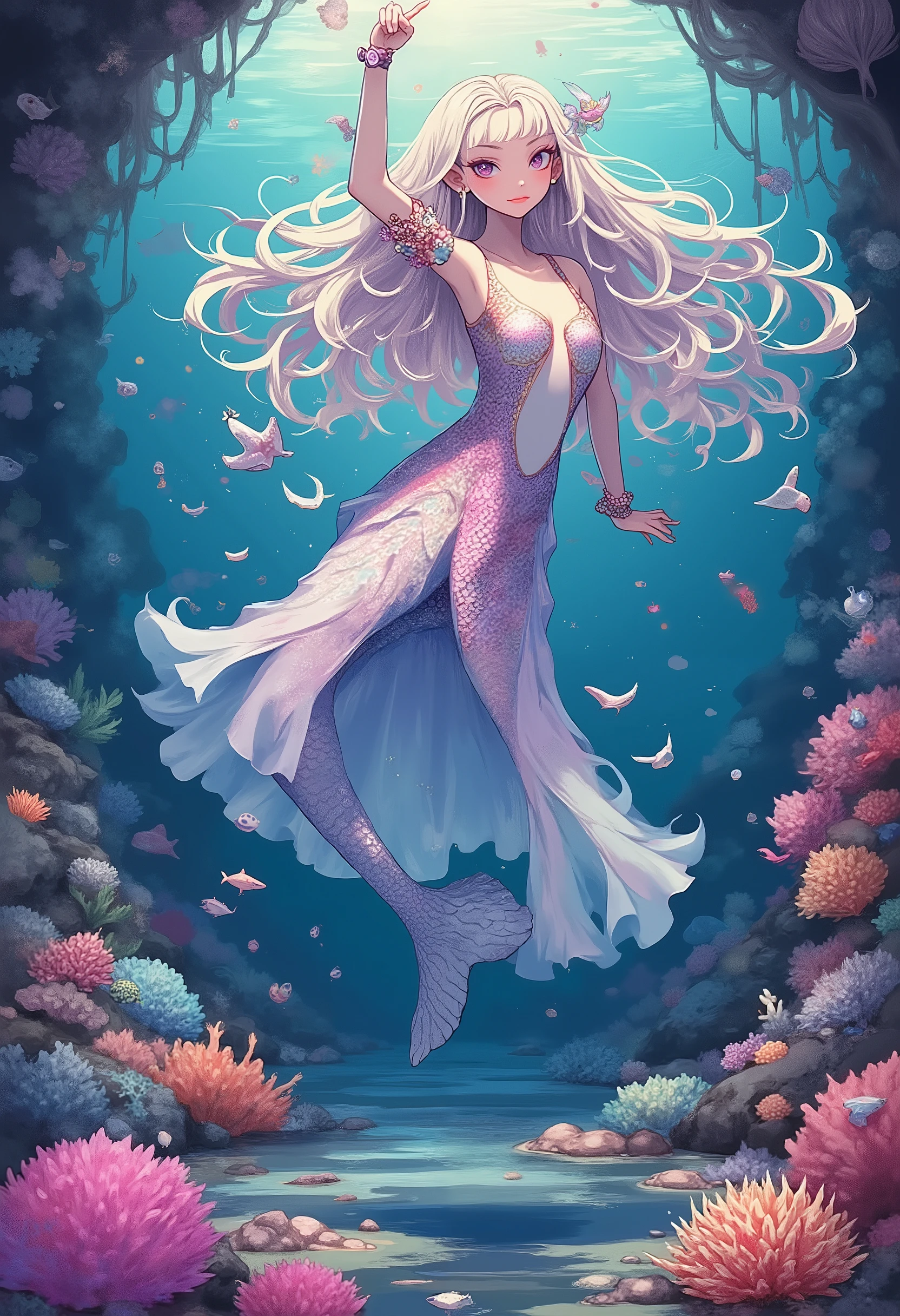 mermaid dancer, detailed mermaid creature, elegant pose, flowing hair, scales, graceful movements, underwater scene, coral reef, schools of tropical fish, sunlight streaming through water, fantasy, highly detailed, cinematic, dramatic lighting, concept art, digital painting, 4K, ultra-detailed,realistic,photo-realistic,HDR,physically-based rendering,vibrant colors,ethereal