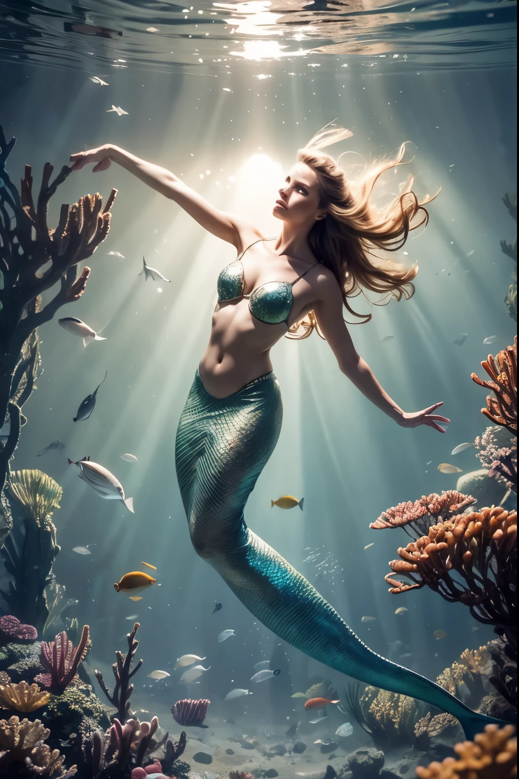 mermaid dancer, detailed mermaid creature, elegant pose, flowing hair, scales, graceful movements, underwater scene, coral reef, schools of tropical fish, sunlight streaming through water, fantasy, highly detailed, cinematic, dramatic lighting, concept art, digital painting, 4K, ultra-detailed,realistic,photo-realistic,HDR,physically-based rendering,vibrant colors,ethereal