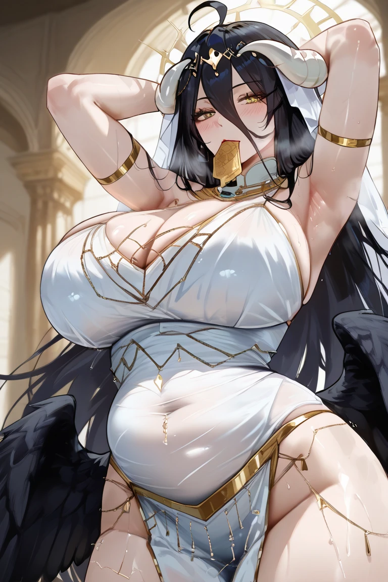 ????, (1boy), POV, hetero, ??????? ?????, ???????????, ????????????????, straddling, 1990s \(style\), retro art style, 1990s anime cels style, best quality, ultra-detailed, high resolution, 4k, (beautiful detailed eyes:1.2), 1girl, (pale skin), solo, looking at another, (curvy:1.1), (????????????:1.2), black hair, long hair, blunt bangs, yellow eyes, magical girl, ????, neck ring, armlet, bracelet, (thighlet:1.2), (white veil:1.2), (hair ornament:1.1), (chain:1.1), (gold:1.3), (gold trim:1.2), rose, (vulgarity:1.4), (nose blush:1.2), happy, (trembling, motion line:1.2), (sweat), night, arms up