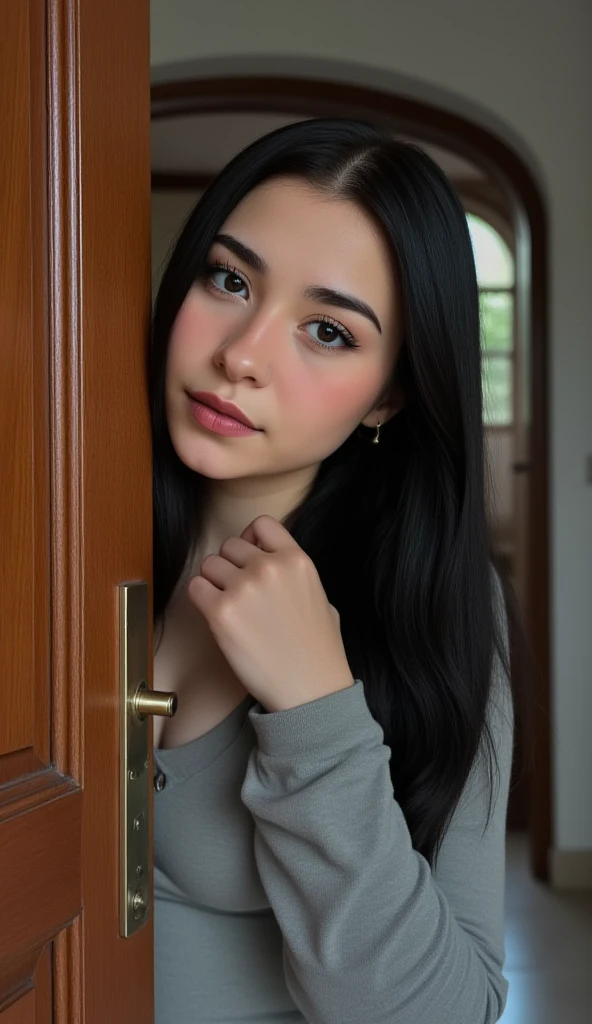 there is a woman with long black hair posing for a picture, with straight black hair, with very thin lips, 18 years old, with long hair, small breasts, selfie of a young woman, selfie photo, low quality photograph, with long black hair, she is about 1 6 years old, selfie, 1 6 years old, sexy face, low quality video, with black hair