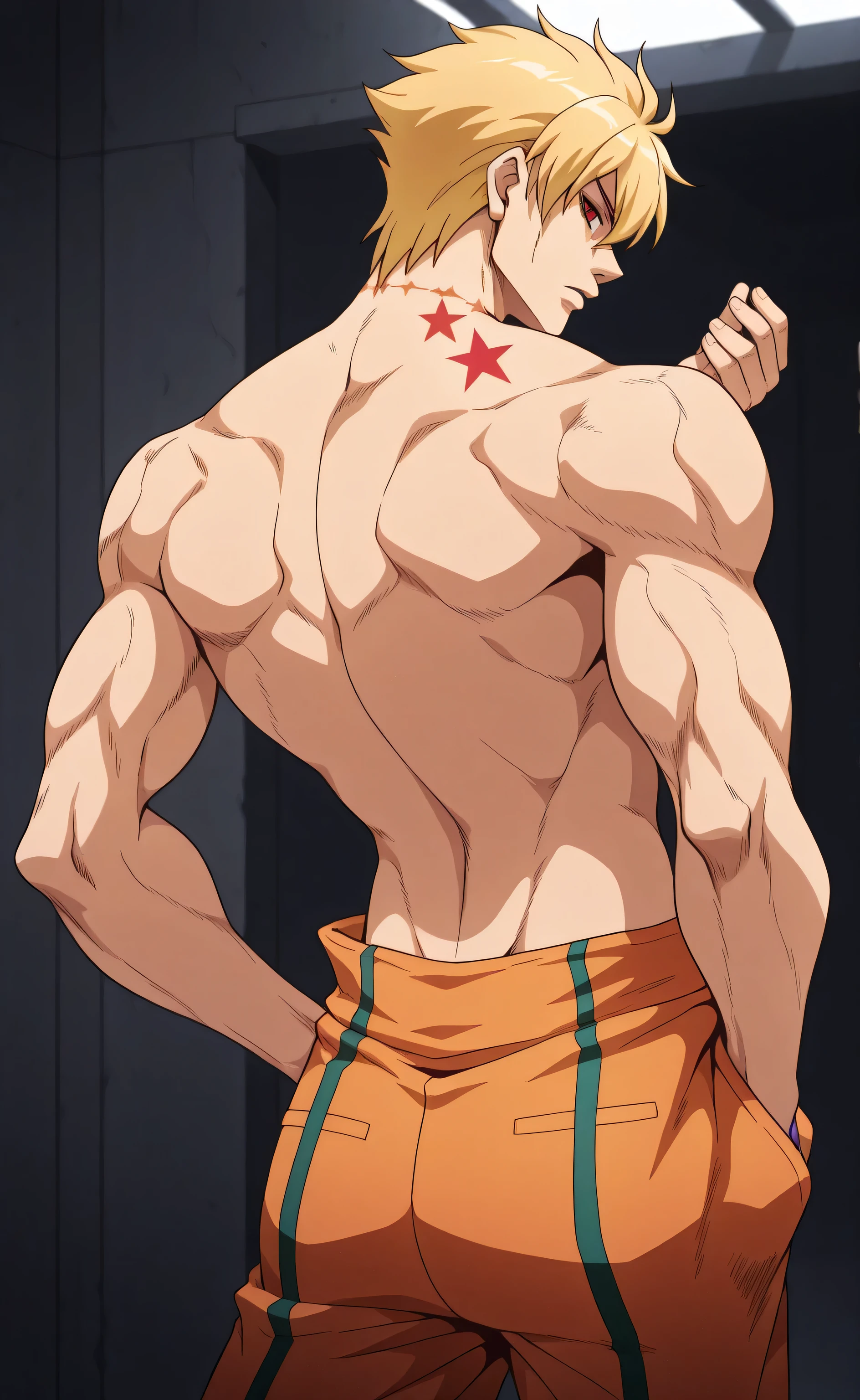 1male, solo, Gilgamesh, blond hair, short hair, red eyes, grim, shirtless, orange prison pants, big muscle, 1red star mark on neck, prison, hand in pocket, Dio Brando's Pose, Jojos Bizarre Adventure Styles