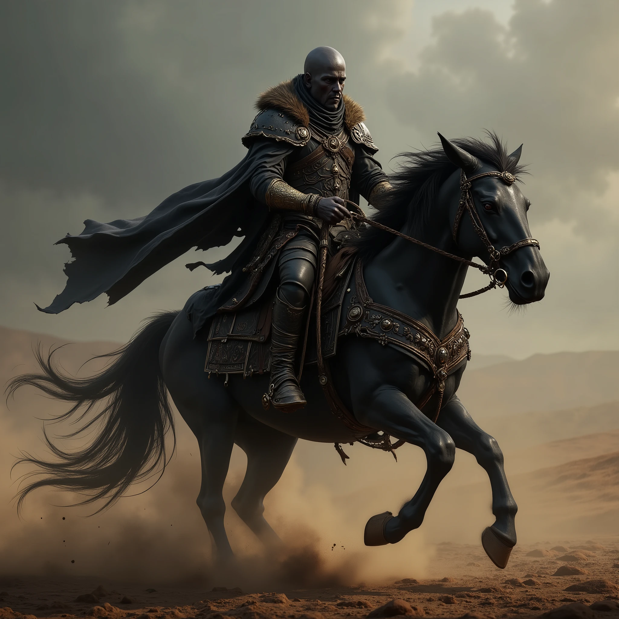 ((FULL BODY)), a black man riding a running horse, 4k , Unreal engine , intricate , highly detailed , beautiful lighting , advanced quality , 8k , trending artstation , professional , dramatic , illustration , high quality , beautiful character , Premium portrait , F/22 , symmetrical and dynamic poses , RPG , masterwork , advanced quality , beautiful lighting.