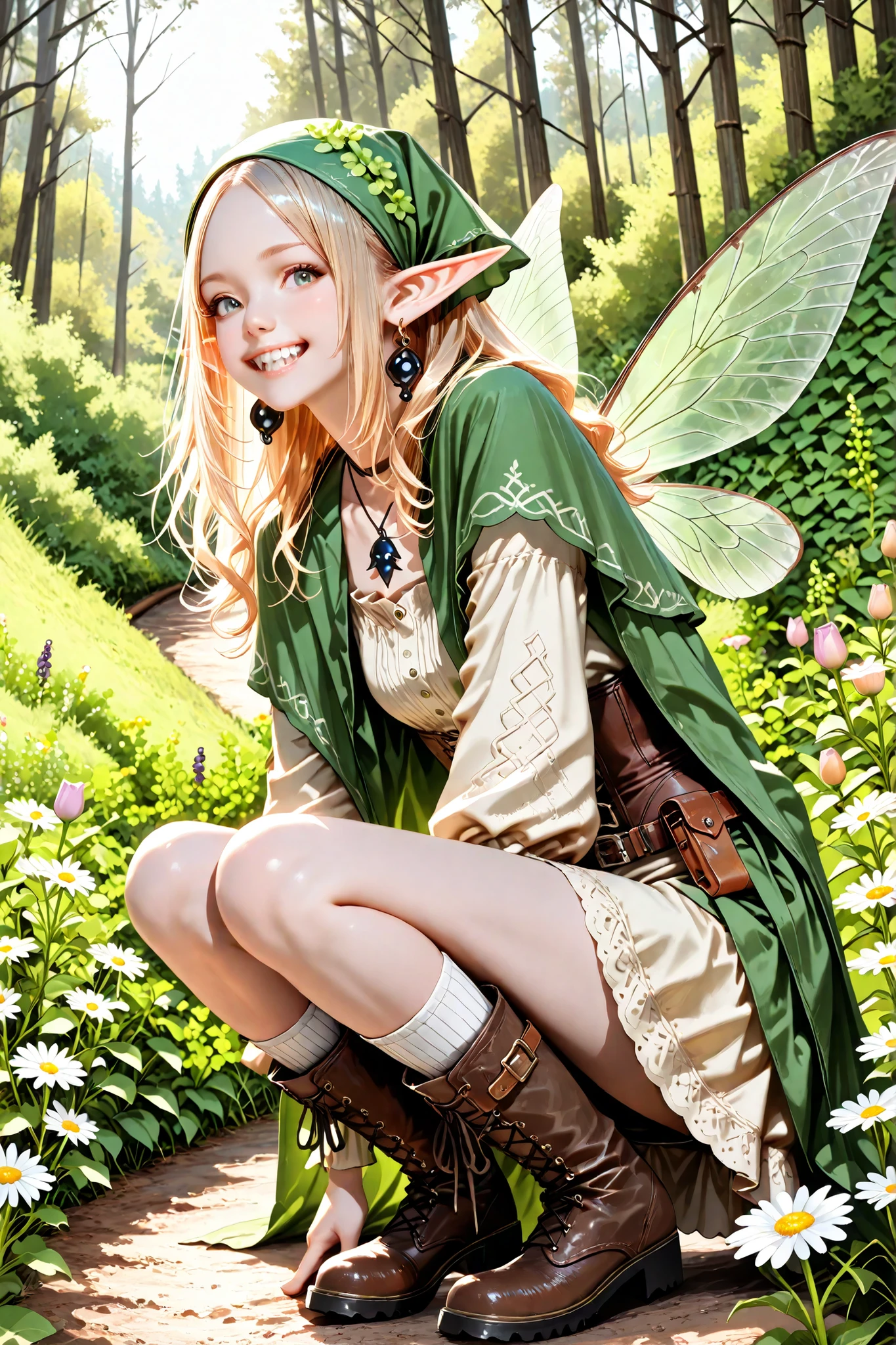 (High quality CT,4K,High resolution,main part:2.3),(Very detailed,realistic:1.37,Best quality,masterpiece, high resolution,on_body), (Tyndall effect,photorealistic, edge lighting, Two-color backlight),(high definition of skin:2.3), (8K UHD, DSLR quality, soft lighting, high quality, surround lighting, sincere, de 8K , 4K, 8K.) Tooth faèrie princess. She has tall, thin miniature physique. She has holographic dragonfly wings. She has pale ivory skin and long pointy elf ears. Her eyes are sky-blue. She has long loose golden-blonde ringlet hairstyle decorated with wildflowers. She is dressed in fantasy medieval style: She wearing a vintage lace undergarment over it a knitted beige top with long elvish sleeves. She's wearing a brown leather corset-belt. She wears a marsh-green long tulip skirt. She's wearing striped beige tattered knee socks, and ankle-high chunky brown lace-up boots with daisies and cornflowers sticking out of boots. She wears human-tooth earrings and a human-tooth pendant. She wearing a green shawl and a head kerchief (headscarf) with nature ornament. (On the background: The outskirts of a magical forest, a hedge of climbing plants, wild grapes and bindweed overgrowth small two-storey rustic cottage in the style of fantasy.)