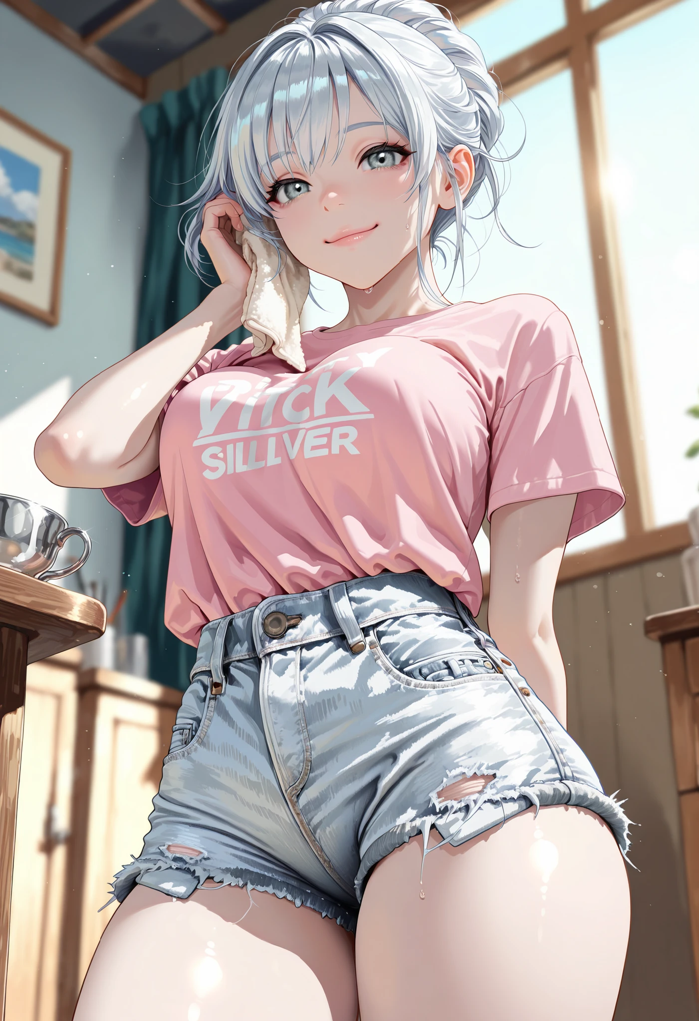 (front view:1.4), (from below:1.2), masterpiece, best quality, amazing quality, very aesthetic, high resolution, ultra-detailed, absurdres, newest, scenery, BREAK, depth of field, volumetric lighting, (masterpiece, best quality, absurdres, detailed,perfect quality, amazing quality, very aesthetic, absurdres, newest, ultra-detailed:1.2), extremely detailed, modern, very awa, crisp, sharp, beautiful eyes, fine textures, clean skin, 1girl, 18yo, cowboy shot, BREAK a japanese cute sexy girl with silvery white hair in an intricate asymmetrical updo. The back of her hair is short and bunched high with the ends fanning out. The left side of her hair frames her face with long, loose strands, while the right side of her hair is loosely swept back over her ears and bunched together with the back hair, creating a slightly unbalanced but elegant look. A high, luxurious hair accessory on top adds a unique and fashionable touch to the hairstyle. Her hair catches the light and gives off a shiny, metallic shine. BREAK ((glossy silver eyes:1.5)), (cute eyes, tareme, twinkle eyes), (large breasts), cute face, beautiful face, pretty face, beautiful, good anatomy, long eyelashes, expressive eyes, Perfect Hands, happy, smile, glossy lips, (close mouth:1.2), perfecteyes, BREAK 1girl, (wearing white denim hotpants and pale pink T-shirts:1.5), cute smile, happy, BREAK 1girl, morning, daylight, sunshine, on the dining room, (She is wiping down the floor with a rag in her hand), (sweat:0.8), very happy, BREAK soft lighting, (masterpiece, best quality), (cute, 8K, perfect lighting, perfect anatomy), absurdres, (best quality), (ultra-detailed:1.2), high res, very aesthetic, ultra-detailed, cinematic, masterpiece, best quality, sharp outline, detailed eyes,