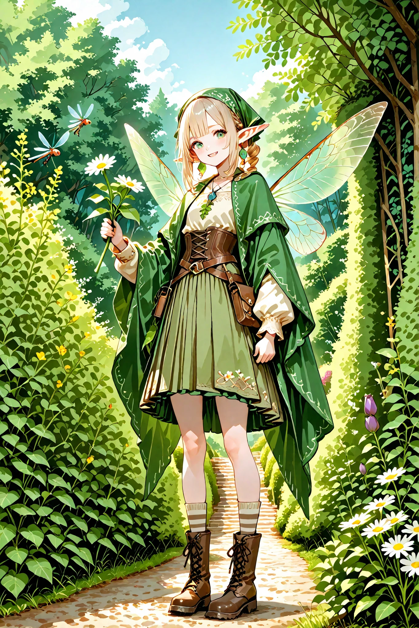 Tooth faèrie princess. She has tall, thin miniature physique. She has holographic dragonfly wings. She has pale ivory skin and long pointy elf ears. Her eyes are sky-blue. She has long loose golden-blonde ringlet hairstyle decorated with wildflowers. She is dressed in fantasy medieval style: She wearing a vintage lace undergarment over it a knitted beige top with long elvish sleeves. She's wearing a brown leather corset-belt. She wears a marsh-green long tulip skirt. She's wearing striped beige tattered knee socks, and ankle-high chunky brown lace-up boots with daisies and cornflowers sticking out of boots. She wears human-tooth earrings and a human-tooth pendant. She wearing a green shawl and a head kerchief (headscarf) with nature ornament. (On the background: The small two-storey overgrowth cottage in the style of fantasy, hedge of climbing plants wild grapes and bindweed.)