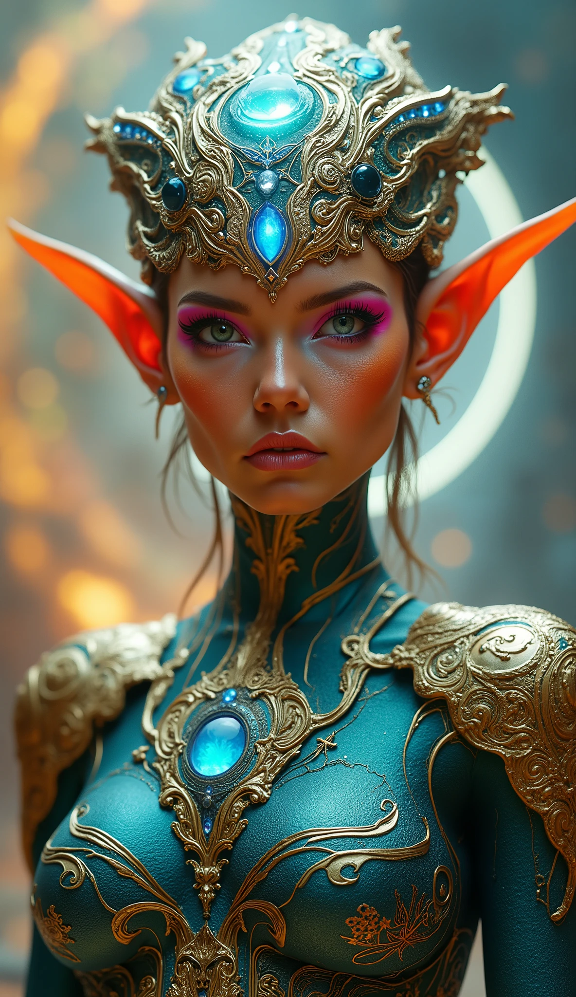 "Ultra-realistic depiction of a majestic extraterrestrial queen with elongated elven ears, radiant orange skin, and glowing eyeshadow in vibrant pink and purple tones. She wears an ornate bio-mechanical armor of turquoise and metallic gold, intricately detailed with swirling engravings and embedded glowing blue gemstones. Her head is adorned with an organic crown-like structure featuring a large radiant blue gem at the center of her forehead, symbolizing a third eye.

The background shows a cosmic atmosphere with a radiant halo of rainbow-colored light gradients blending from golden yellow to deep blue, evoking a celestial and divine aura. Lighting is cinematic and high contrast, highlighting the polished metallic textures and the smooth luminescent patterns of her skin and suit.

Style is hyper-realistic with elements of sci-fi fantasy, combining futuristic alien aesthetics with regal elegance. Emphasis on fine details, ultra high-definition textures, and vibrant color palette of turquoise, orange, gold, and glowing sapphire blue. Atmosphere is mystical, otherworldly, and awe-inspiring, as if portraying a divine cosmic guardian."