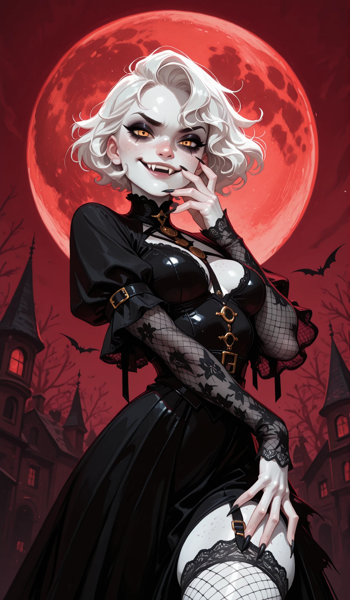 masterpiece, good quality, muy estético, extremely high resolution, newest, 8K, focused subject , 1girl, Alone, white hair, short hair , wavy hair background , very short hair on one side , freckles on the face, very bright golden eyes, vampire eyes, gothic makeup, very white skin, medium breasts, seductive face, anatomía perfecta, look at the viewer, dynamic angle, dynamic posture, Very close view , close up, smug face, fangs, hands with long nails, mesh stockings, mesh sleeves, falda de encaje, murcielagos, big red moon behind