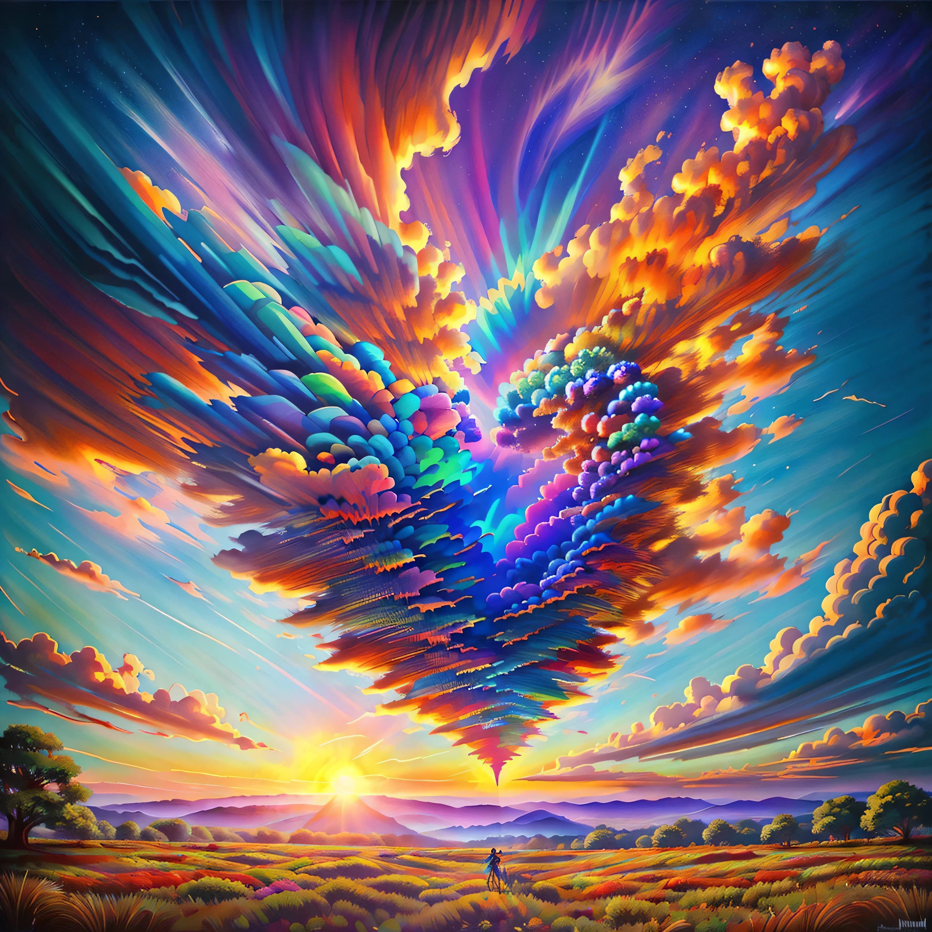 A surreal scene unfolds with an explosive burst of color in the form of a heart at the center of the artwork. The heart appears as a dynamic fusion of swirling hues, including neon pinks, blues, and purples, creating a mesmerizing focal point. Around the heart are colorful clouds that are adhering to it, almost looking like the clouds are attempting to take it away. Behind this are more colorful clouds in the sky. Beneath this is a background showcasing a fantastical landscape bathed in psychedelic colors, featuring rolling hills and a sun-like orb setting or rising on the horizon, casting an ethereal glow. Darker elements provide contrast, enhancing the luminosity of the bright colors. The composition overall evokes a sense of passion, energy, and transformation, blending elements of abstraction with the imagery of nature and cosmic phenomena in a captivating visual spectacle. A close up of a heart shaped with a colorful background, colorful explosion, explosion of colors, colourful explosion, an explosion of colors, explosion of color, psychedelic vibrant colors, magic heart, heart effects, trippy vibrant colors, love is begin of all, vibrant digital art, psychedelic digital art, color explosion, beautiful art uhd 4 k, colorful digital art