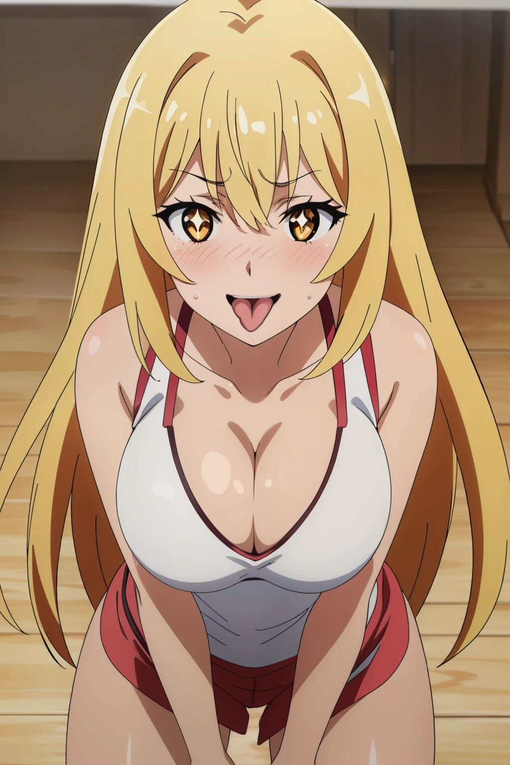 (highest quality, High resolution, 8k, masterpiece: 1.2), Very detailed, (Anime coloring:1.2), Misaki Shokuhou, orange eyes, (pupils sparkling:1.2), Beautiful character design, Perfect eyes, Perfect face, Expressive eyes, Perfect balance, smile, blonde, Long Hair, large breast, (tanned skin:1.1), (tank top, spats, (cleavage:1.2), Crouching, from front, from above, open mouth, (sticking out the tongue:1.3), (Alluring, blushing, embarrassed expression)), (cowboy shot), smile, looking at the camera, The gaze camera focuses on the center of the image,