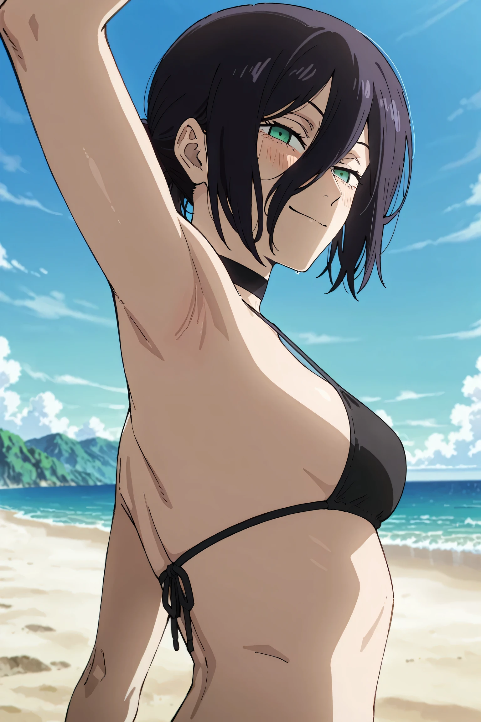 mature female, mature, Adult, himeno, himeno(Chainsaw Man), 1girl, black hair, short hair, eyepatch, Himeno(Chainsaw Man), solo, seductive smile, grin, , Villains, Bending forward, Spread arms, Raise arms, A small pink smooth octopus sticks to the top of himeno's head, , View your audience, Beach, Cave, Waterfall, Dark, latex purple leotard, dramatic angle, unique perspective, unique angle, masterpiece, Top animation quality，Top image quality,