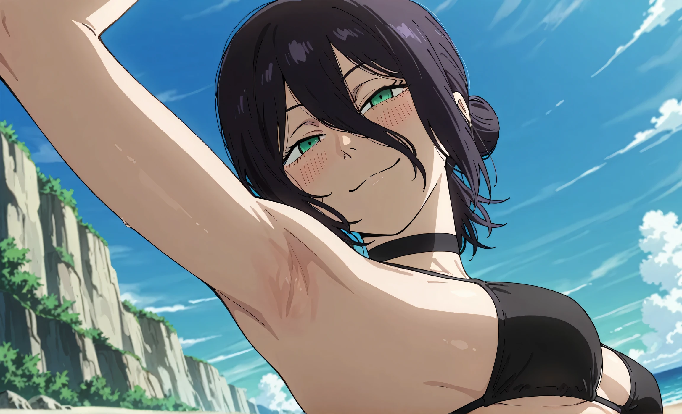 masterpiece, best quality, amazing quality, anime screencap, anime coloring, 1girl, solo, rezeanime, anime, chainsaw man, reze \(chainsaw man\), green eyes, medium hair, hair between eyes, single hair bun, black choker, black bikini, arm up, raised arm, armpit, armpit focus, head towards viewer, looking at viewer, smile, narrowed eyes, blush, closed mouth, outdoors, day, beach, from side, from below