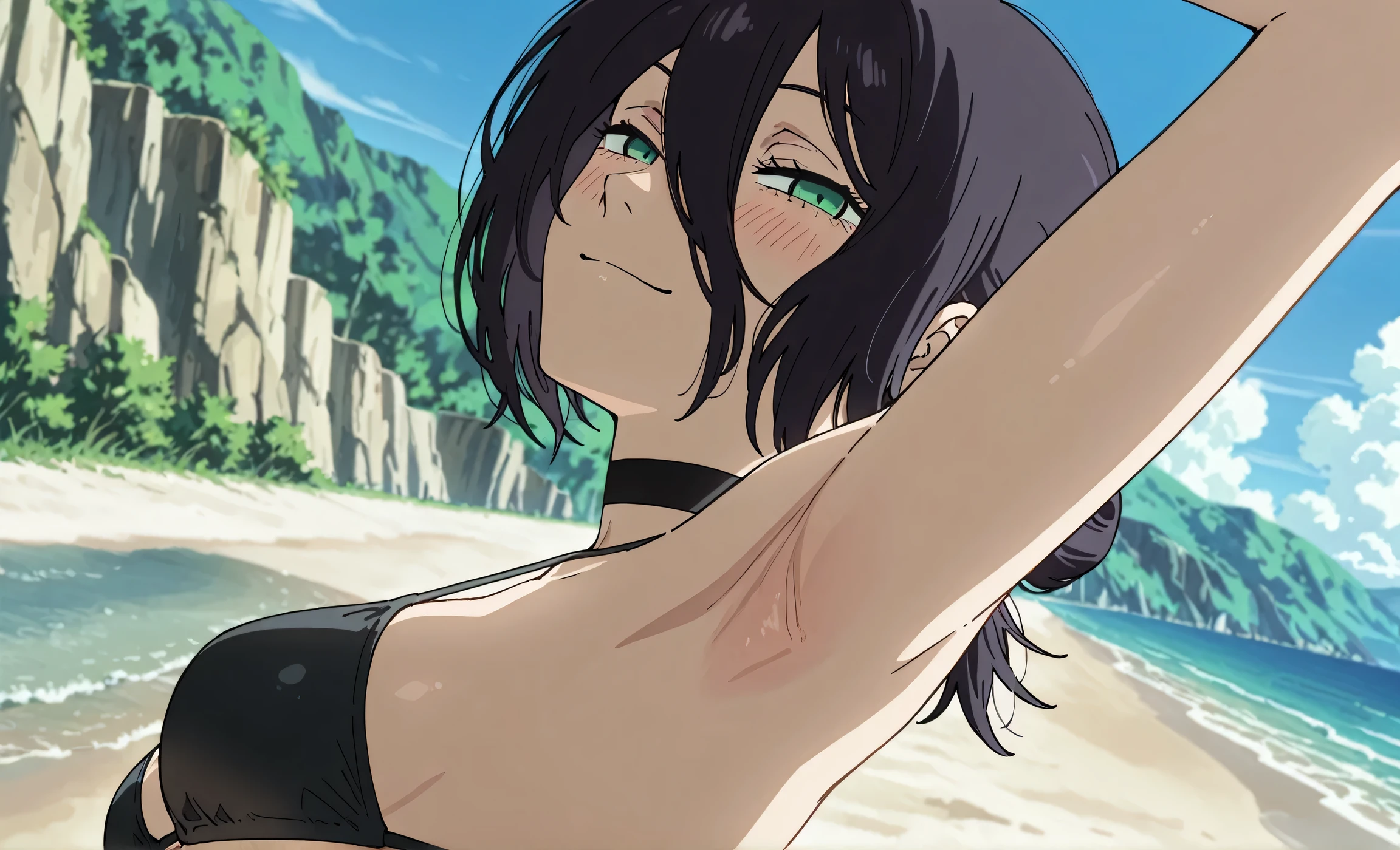 masterpiece, best quality, amazing quality, anime screencap, anime coloring, 1girl, solo, rezeanime, anime, chainsaw man, reze \(chainsaw man\), green eyes, medium hair, hair between eyes, single hair bun, black choker, black bikini, arm up, raised arm, armpit, armpit focus, head towards viewer, looking at viewer, smile, narrowed eyes, blush, closed mouth, outdoors, day, beach, from side, from below, armpit up close, close-up of armpit