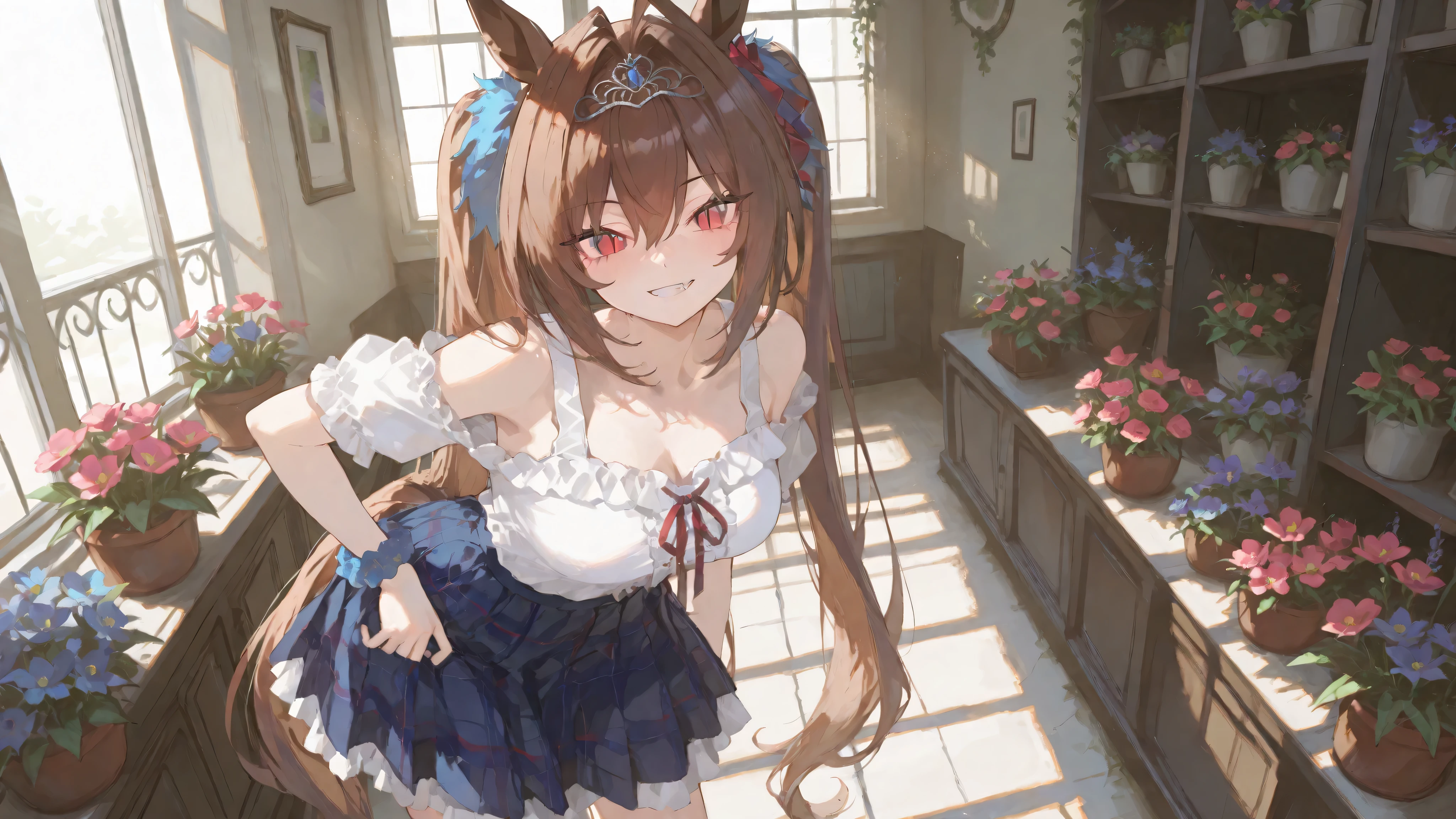 ダイワスカーレット,{{{masterpiece}}}, {{{best quality}}}, {{ultra-detailed}}, {illustration}, {{an extremely delicate and beautiful}},1 girl,high school student,full body,sunny,sunlight,flower shop,looking at viewer,standing,peace,grin,fang,big eyes,tsurime,slit pupils,red eyes,dark brown hair,very long hair,twintails,large breasts,horse ears,horse tails,tiara,white tank top,off-shoulder white frilled blouse,blue checked skirt,red ribbon,blue wrist scrunchie on left hand,