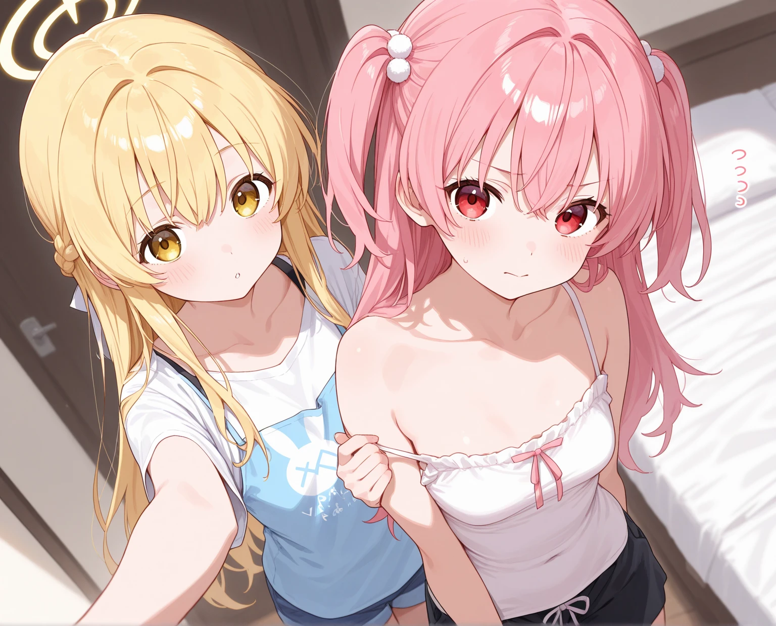 ((highest quality))、((masterpiece))、(Perfect Face)、(Multiple women changing clothes)、(を覗かれる)、(Sisters)、Shy、、Pink 、半、Sexy 、Small breasts、Detailed Body、Detail face、２Benzu、２Book Hand、No extra limbs、locker room、Viewer's perspective