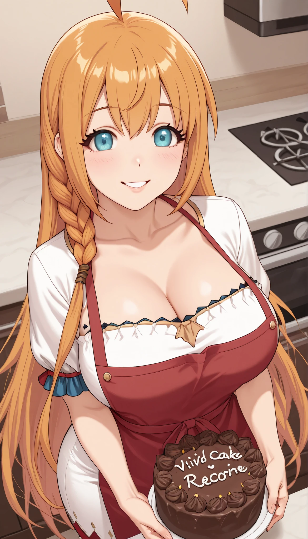 1girl, Solo, HD, Accurate, pcrpeco, Pecorine, long hair, orange hair, blue eyes, ahoge, braid, , pcrpeco, ahoge, braid, large breasts,mature, wide , white dress, smiling, red apron,cleavage, kitchen background, look at viewer, vivid colors, holding a chocolate cake, parted lips, look at viewer, from above, detailed eyes, 