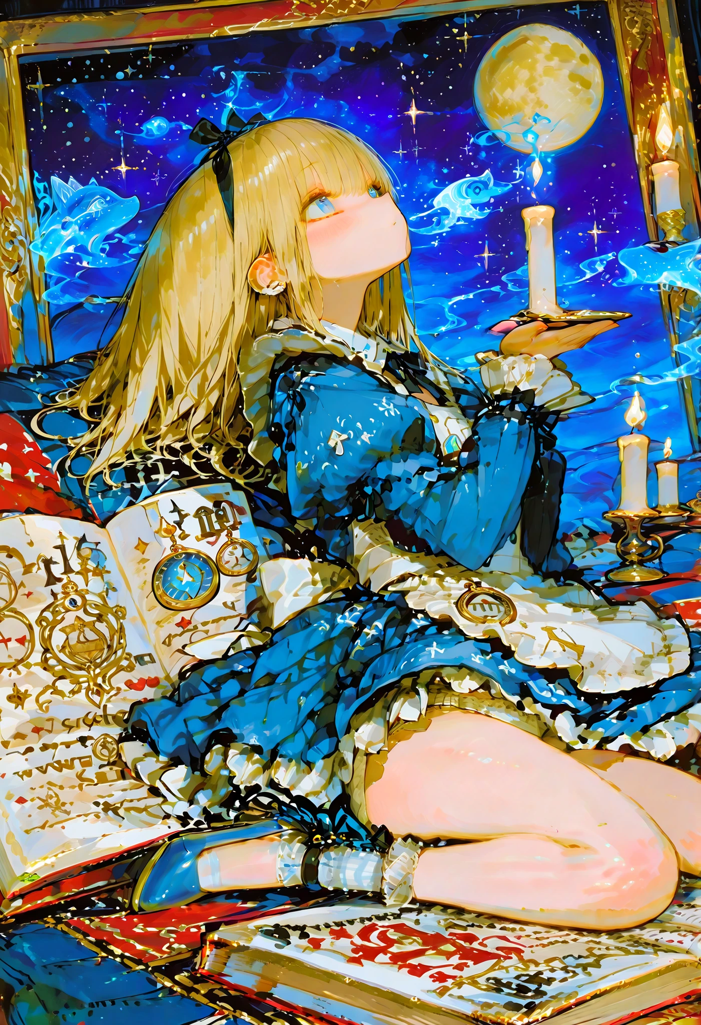 Harvest Festival, Alice with her hands over, mystical atmosphere, Moon Horoscope, Instead of Tarot Cards々Drinks and Foods in Wonderland {x} Drinks and Foods in Wonderland Instead of Tarot Cards, Fruits Floating in the Palm, Drinks and Foods That Give Light, magic sparkle, Mysterious Eyes, Western Astrological Decor, Ancient Books, Alice's Scent, candlelight, Wonder Room Magic, Alice's costume, Miniature Style  ,  Magical Effects、
masterpiece, Highest Quality, Amazing Alice, Extremely Aesthetic, high resolution, Super Detailed, 2k,Perfect Alice、Fortune Teller in Wonderland,pumps,Ruffle Skirt,white panties