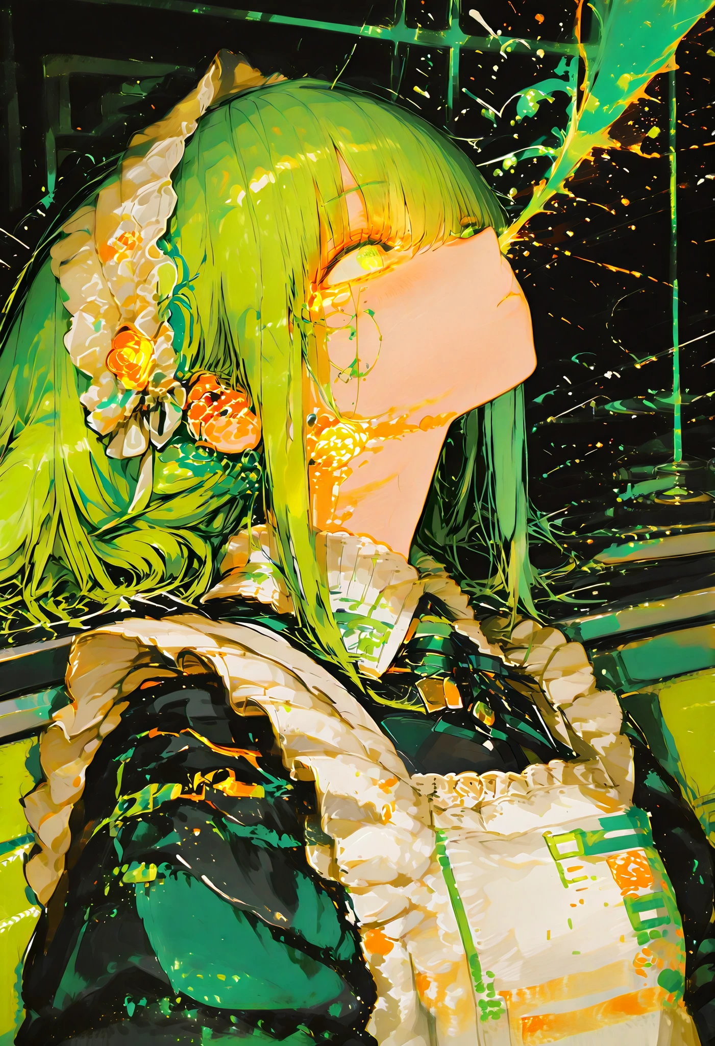 black disheveled hair and orange glowing eyes、ruffle apron and headdress with messy black and green eyes. Dynamic illustration with explosive radiating Speed Line emanating from behind her. dramatic composition with only orange accents selectively applied、High contrast black and white. dramatic composition with ink blotches and motion blur. her hair is disheveled in the wind. The background produces intense energy with radial rays. traditional maid clothes with a white apron, black dress, maid clothes and accessories. explosive manga style, Limited Color Palette, Monochrome with orange accents, Dramatic Lighting, Speed Line, Splash Effect.