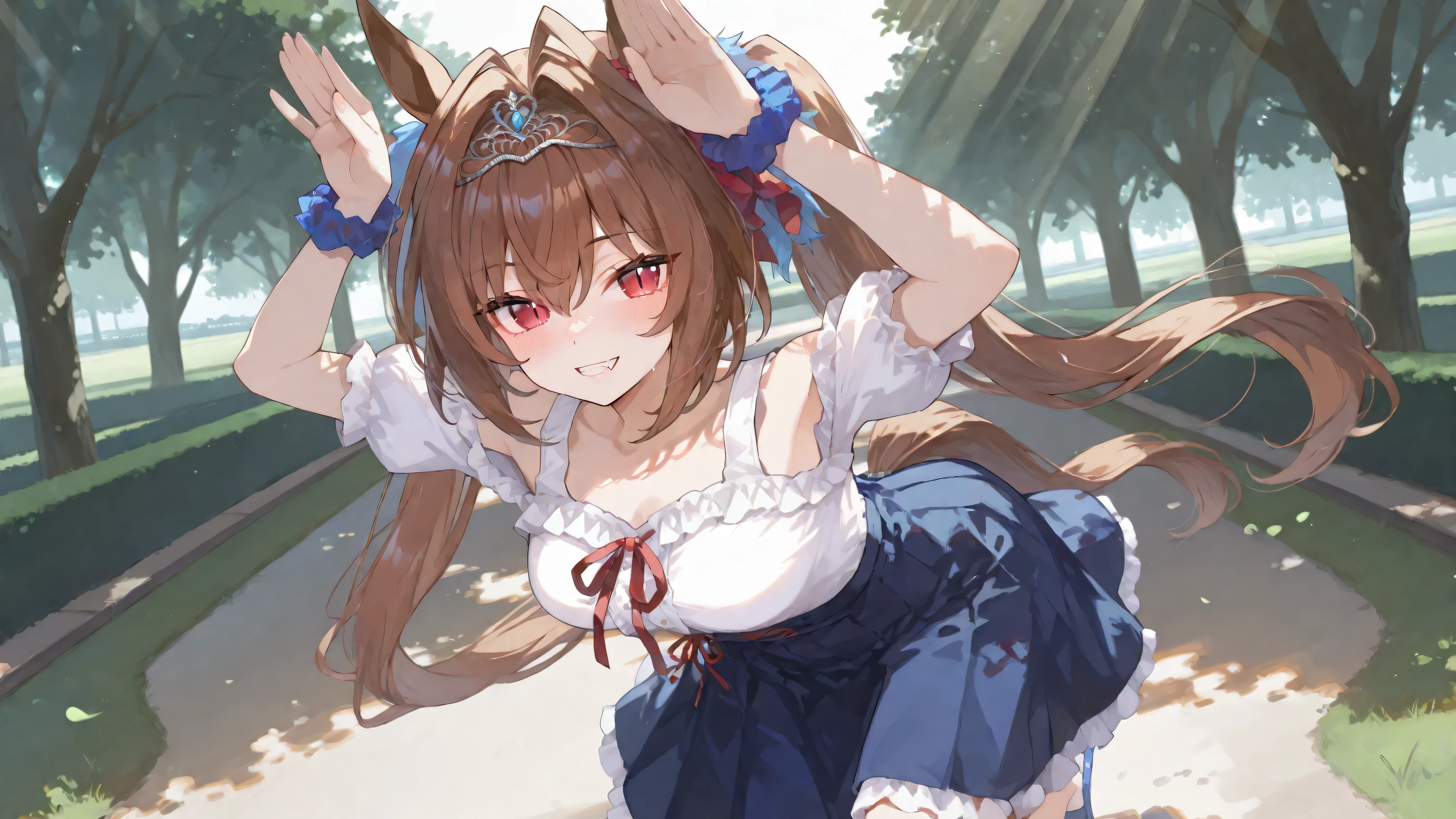 (((Umapyoi))),hands above head,one leg raised,ダイワスカーレット,{{{masterpiece}}}, {{{best quality}}}, {{ultra-detailed}}, {illustration}, {{an extremely delicate and beautiful}},1 girl,high school student,full body,sunny,sunlight,park,looking at viewer,standing,grin,fang,big eyes,tsurime,slit pupils,red eyes,dark brown hair,very long hair,twintails,large breasts,horse ears,horse tails,tiara,white tank top,off-shoulder white frilled blouse,blue checked skirt,red ribbon,blue wrist scrunchie on left hand,from left side,