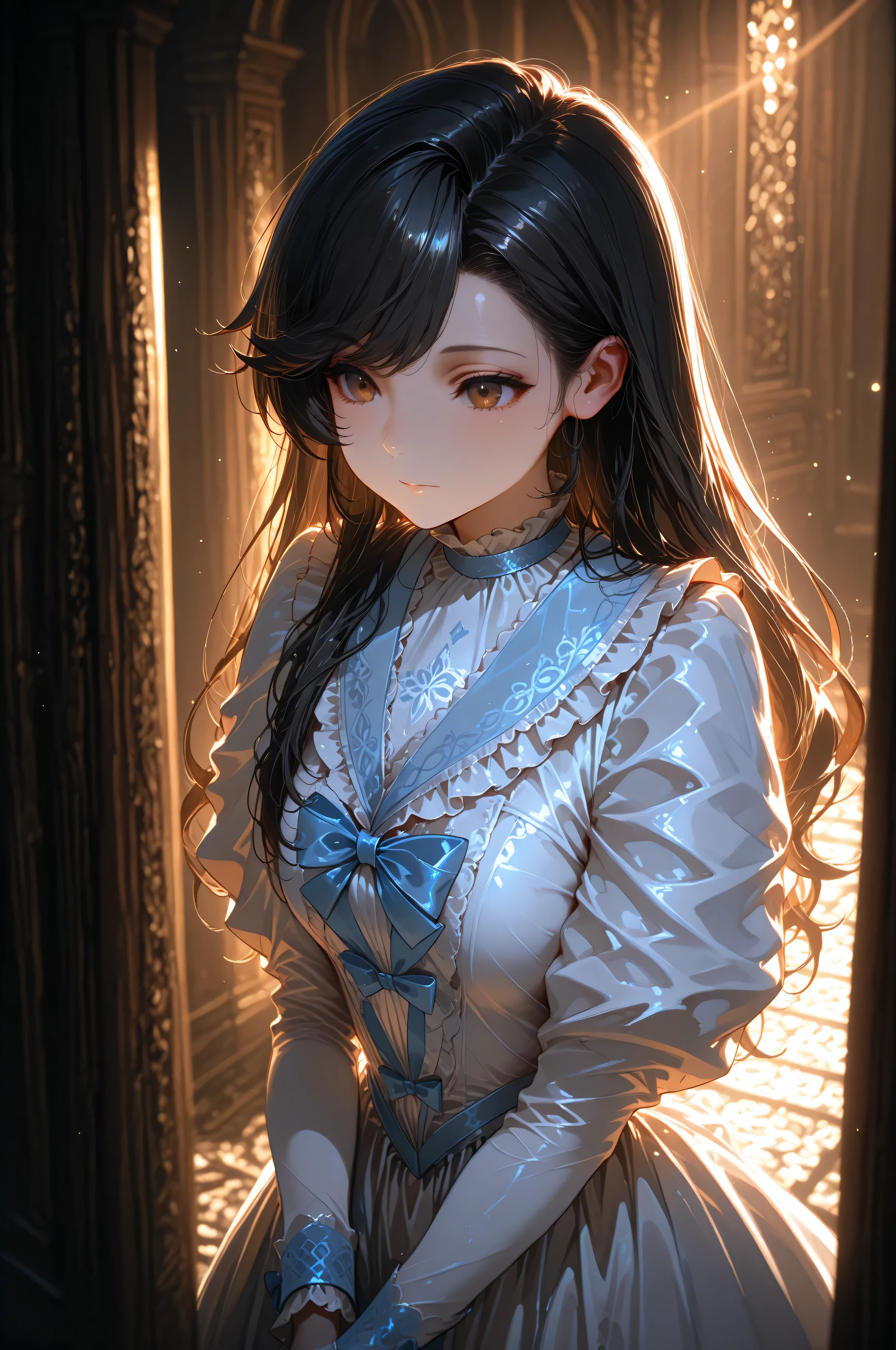 white dress,long dress,frilled dress,frilled collar,blue trim,blue bow,puffy long sleeves,long sleeves,juliet sleeves,1girl,solo,long hair,black hair,asymmetrical bangs,swept bangs,asymmetrical bangs,brown eyes,HDR,Dynamic lighting,masterpiece, best quality,detailed, high resolution, 8k, highly detailed, ultra detailed, beautiful lighting,best quality,detailed eyes,expressive,