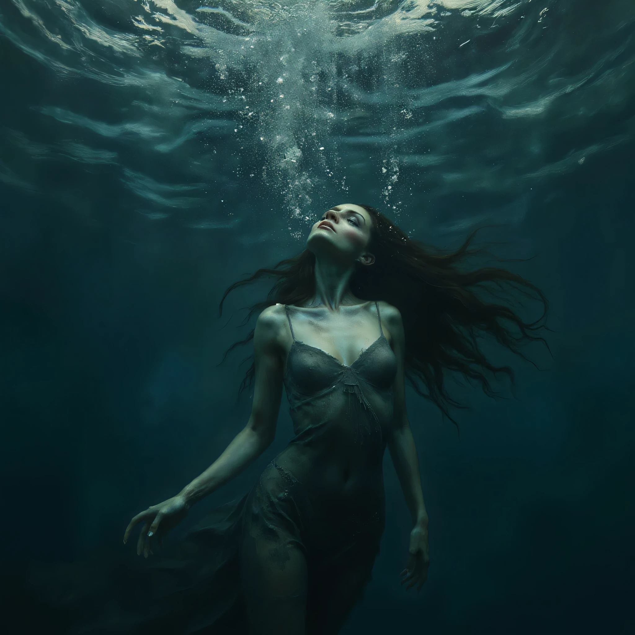 a beautiful woman dying underwater, realistic image,