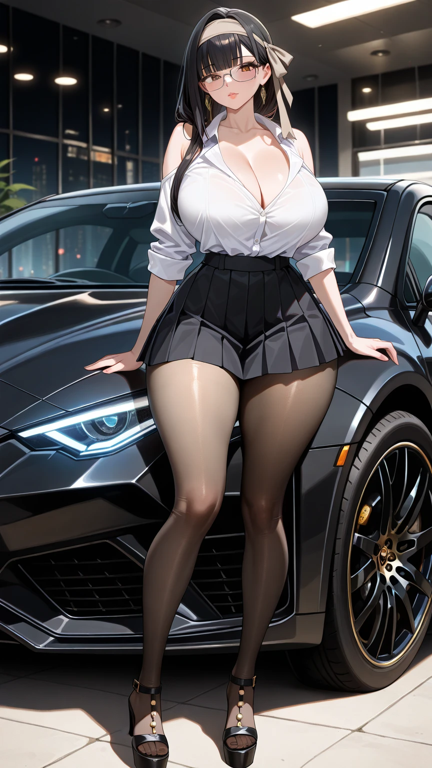 （36 years old mature beauty，A man wearing a purple shirt，Beautiful girl in linen short skirt，Black pantyhose, Long brown hair,  Wearing glasses：1.3），Leaning against a red Lamborghini，perfect car, No duplicate vehicles, On an empty road, Overlooking the blue sky and white clouds, Large Breasts, Surrealism, shadow, Relief, Stereogram, flower, 8K, Super Detail, precise, best quality, Ultra HD , Anatomically correct, Textured Skin, high quality, high resolution, best quality (Female only)
