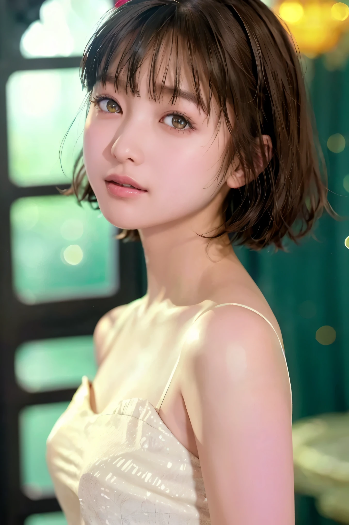 (Highest Quality, high-accuracy selection, masterpiece:1.2), (woman in white dress)、(Left eye facing forward:1.6)、(staring at the viewer:1.6)、realistic:1.37、(slender body)、 Thin face 、(Portrait)、( beautiful expression )、(With a smile)、(big eyes:1.5)、the edge of her eye is slightly lowered、(glowing eyes:1.3)、(Dark Eyes:1.4)、beautiful skin 、( short bob cut hair:1.4)、黒い髪、(The background is under deep water:1.2)、