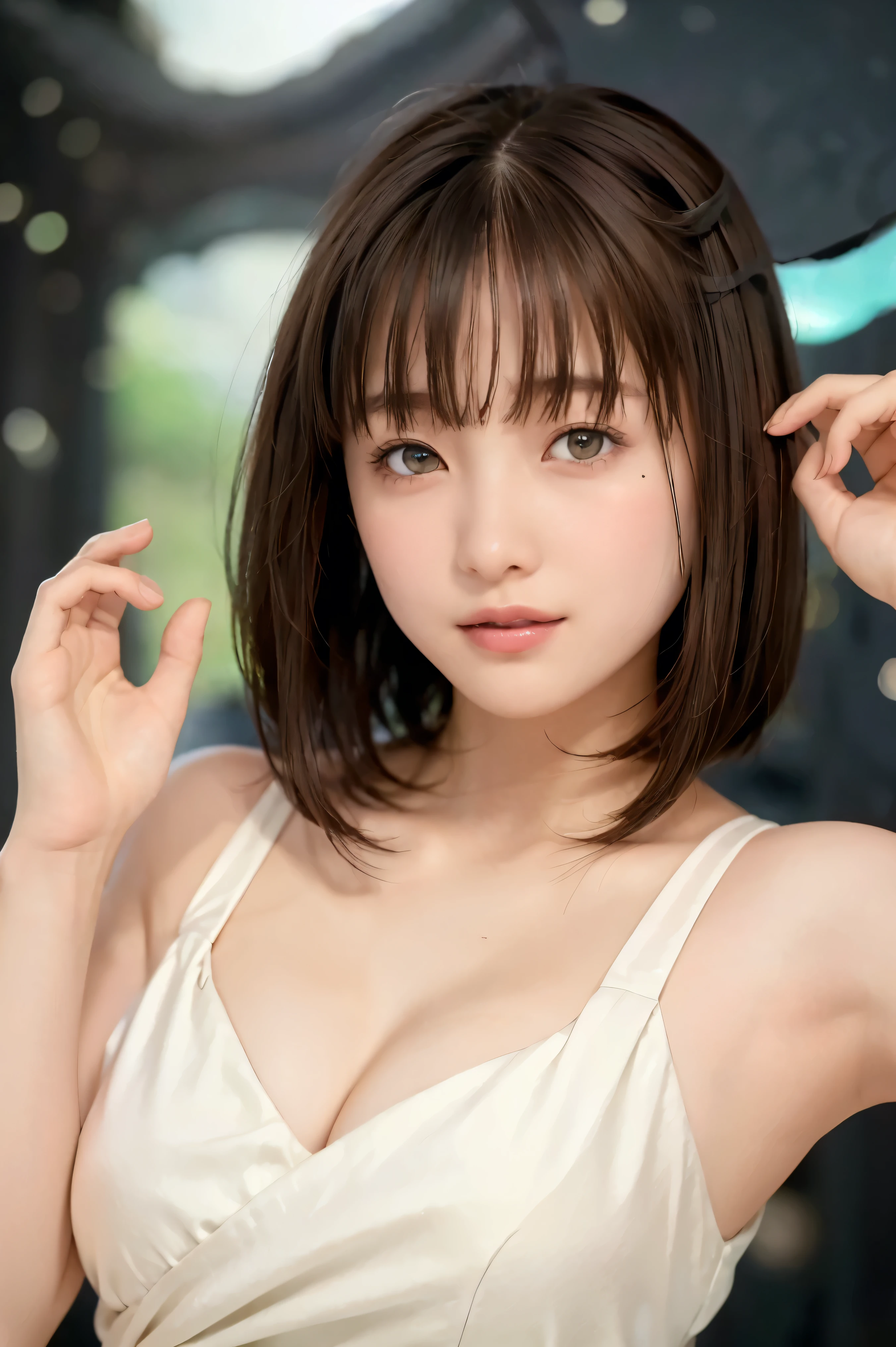 (Highest Quality, high-accuracy selection, masterpiece:1.2), (woman in white dress)、(Left eye facing forward:1.6)、(staring at the viewer:1.6)、realistic:1.37、(slender body)、 Thin face 、(Portrait)、( beautiful expression )、(With a smile)、(big eyes:1.5)、the edge of her eye is slightly lowered、(glowing eyes:1.3)、(Dark Eyes:1.4)、beautiful skin 、( short bob cut hair:1.4)、黒い髪、(The background is under deep water:1.2)、