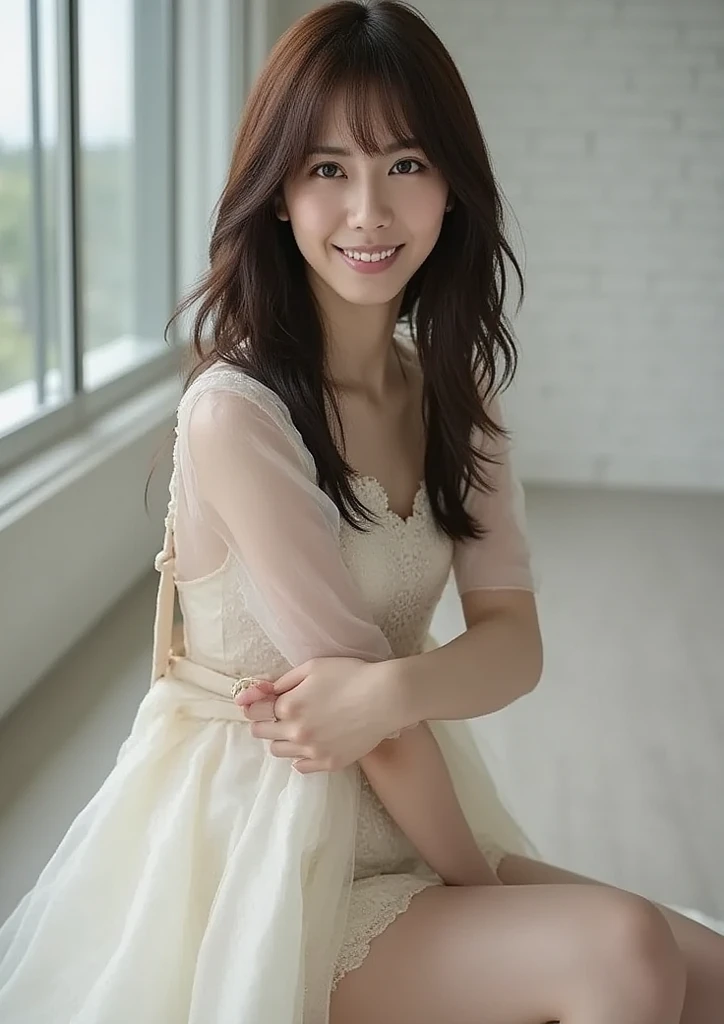 (On a table, Best quality, realistically, ultra - detailed, meticuloso, A high resolution, 8k wallpaper), Close-up portrait of a beautiful woman, Chariada, Smiling, light brown messy hair, Perfect dynamic composition, 美丽meticuloso的眼睛, Just like the cover of a fashion magazine, On campus