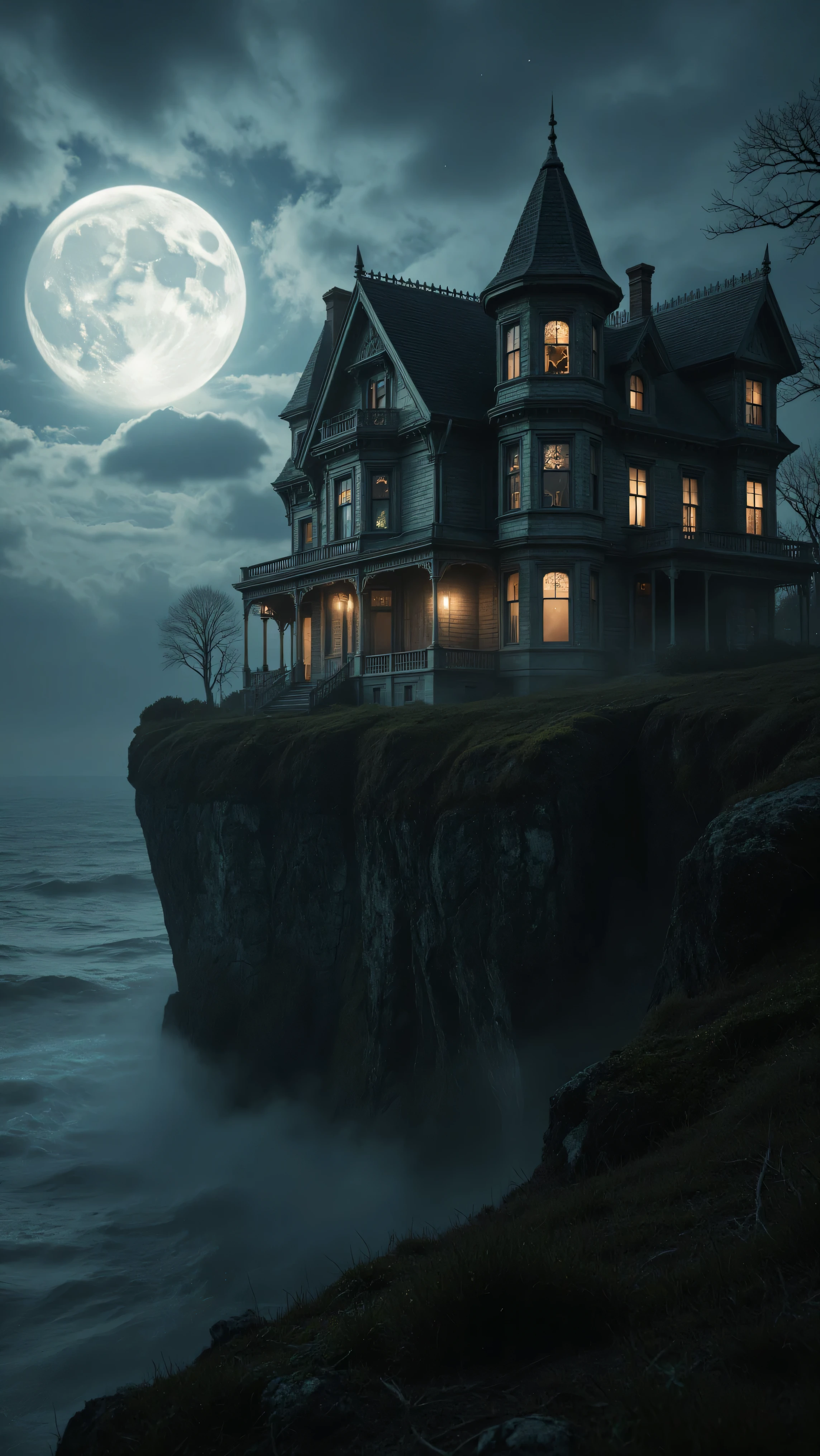 Ultrarealistic, photo-realistic, cinematic photography, cinematic lighting, dramatic shadows, intricate details and textures, physically-based rendering, 3D realism 
A solitary Victorian mansion perched on a windswept cliff, moonlight illuminating its gothic architecture, tendrils of mist curling around broken windows, an atmosphere of melancholy abandonment, cinematic lighting,a masterpiece. 