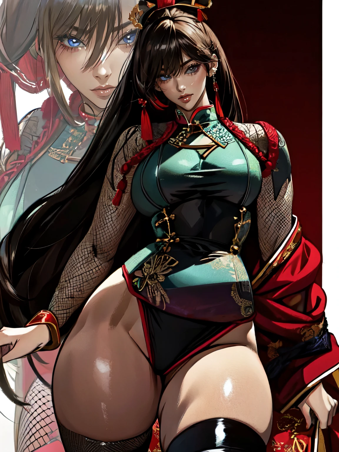 attractive woman, a woman from the Three Kingdoms period, dark hair, Big breasts, An exposed woman, Solo, creates an image from the top of her head to her thighs, sword, Three Kingdoms costume , no background, fishnet stockings, black eyes