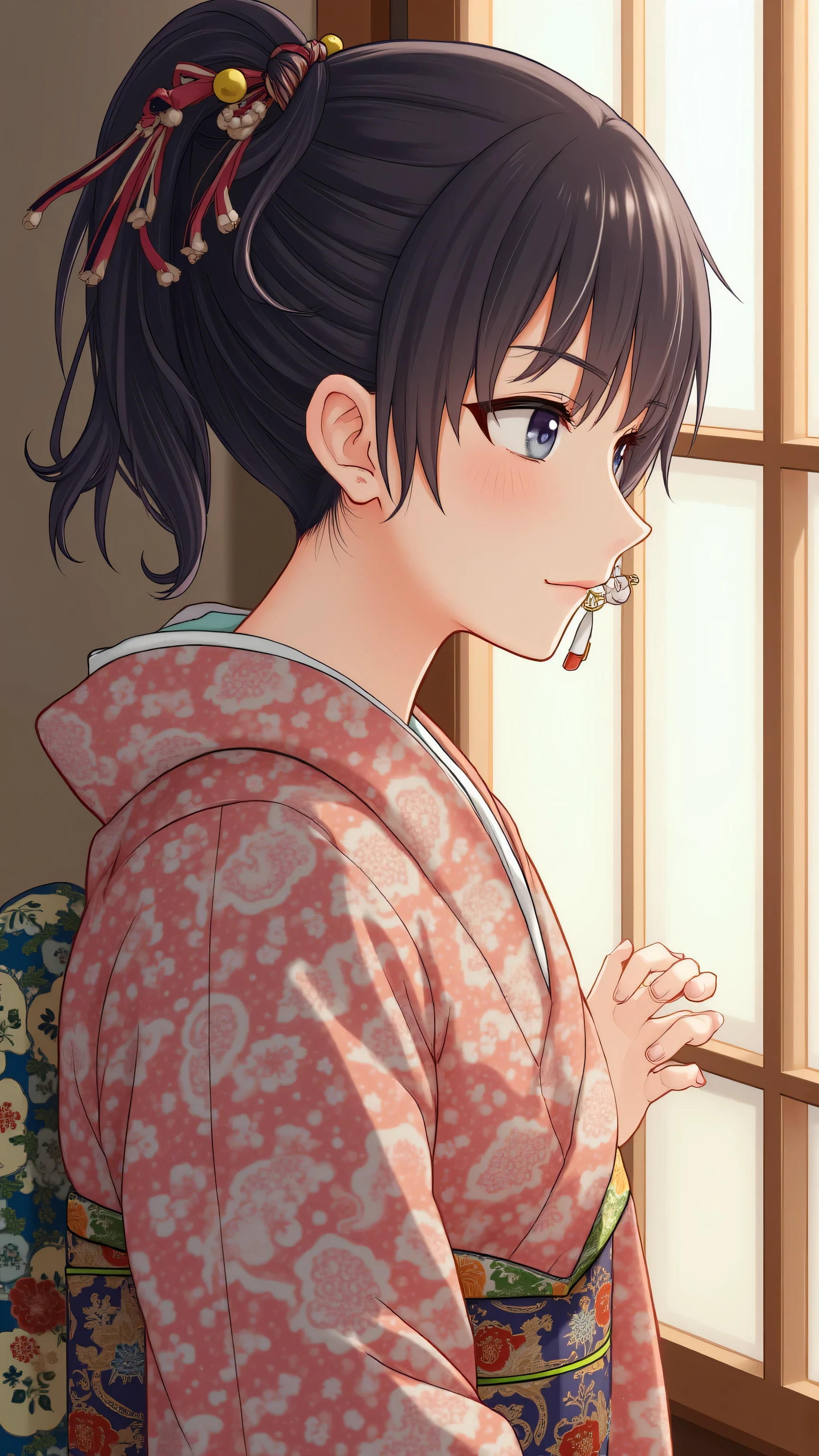 highdefinition images、Katsushika Hokusai manga(pretty eyes、Look at every detail、multi-colored hair below the arm)、 kimono that looks like a yukata 、Woman looking out of a window、葛飾北斎スタイルでhighdefinition images、Kimono beauty、顔のdetails、highest quality ukiyo-e、details、high resolution image beauty。